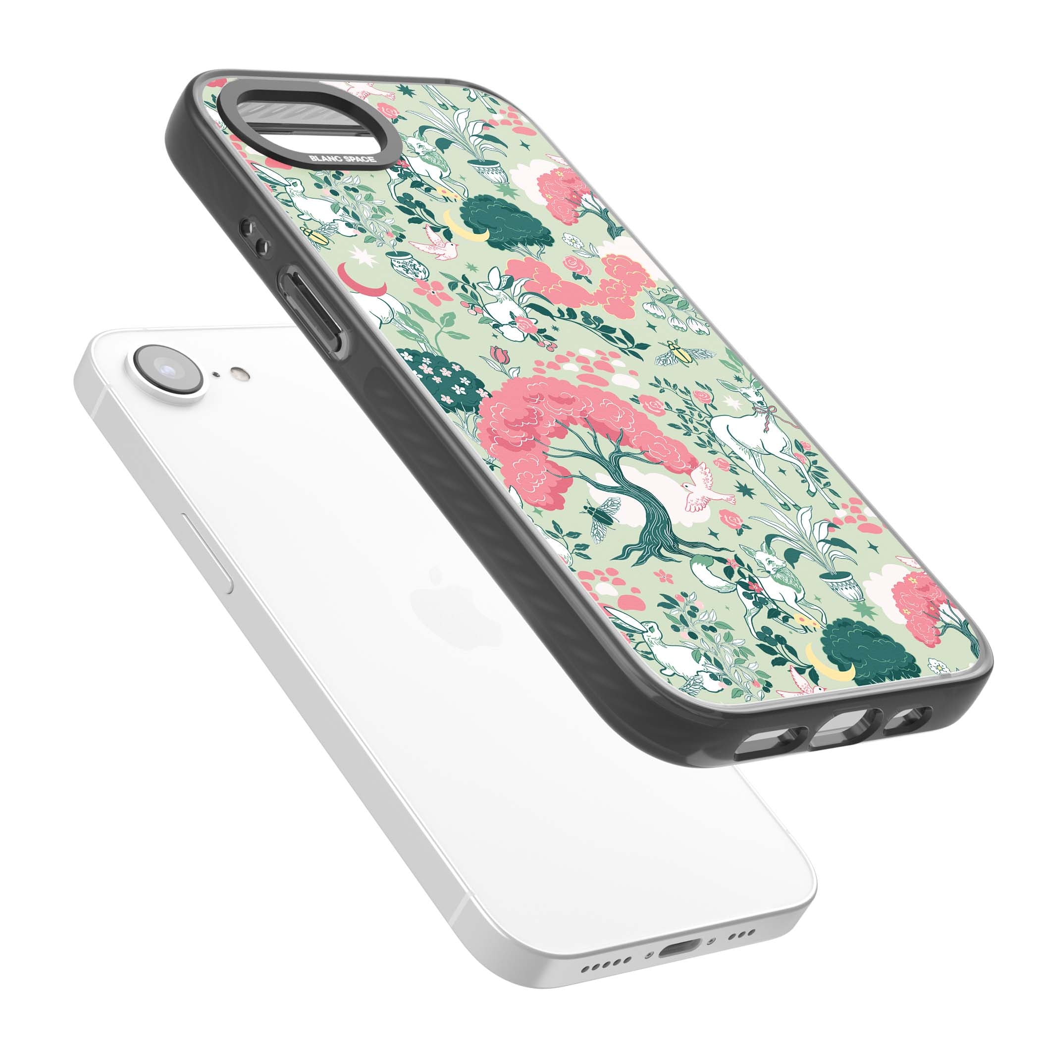 Enchanted Woodland cottagecore iPhone case featuring white deer, pink roses, mushrooms and woodland animals on sage green | Black Impact Magsafe case for iPhone 16e, iPhone 17e