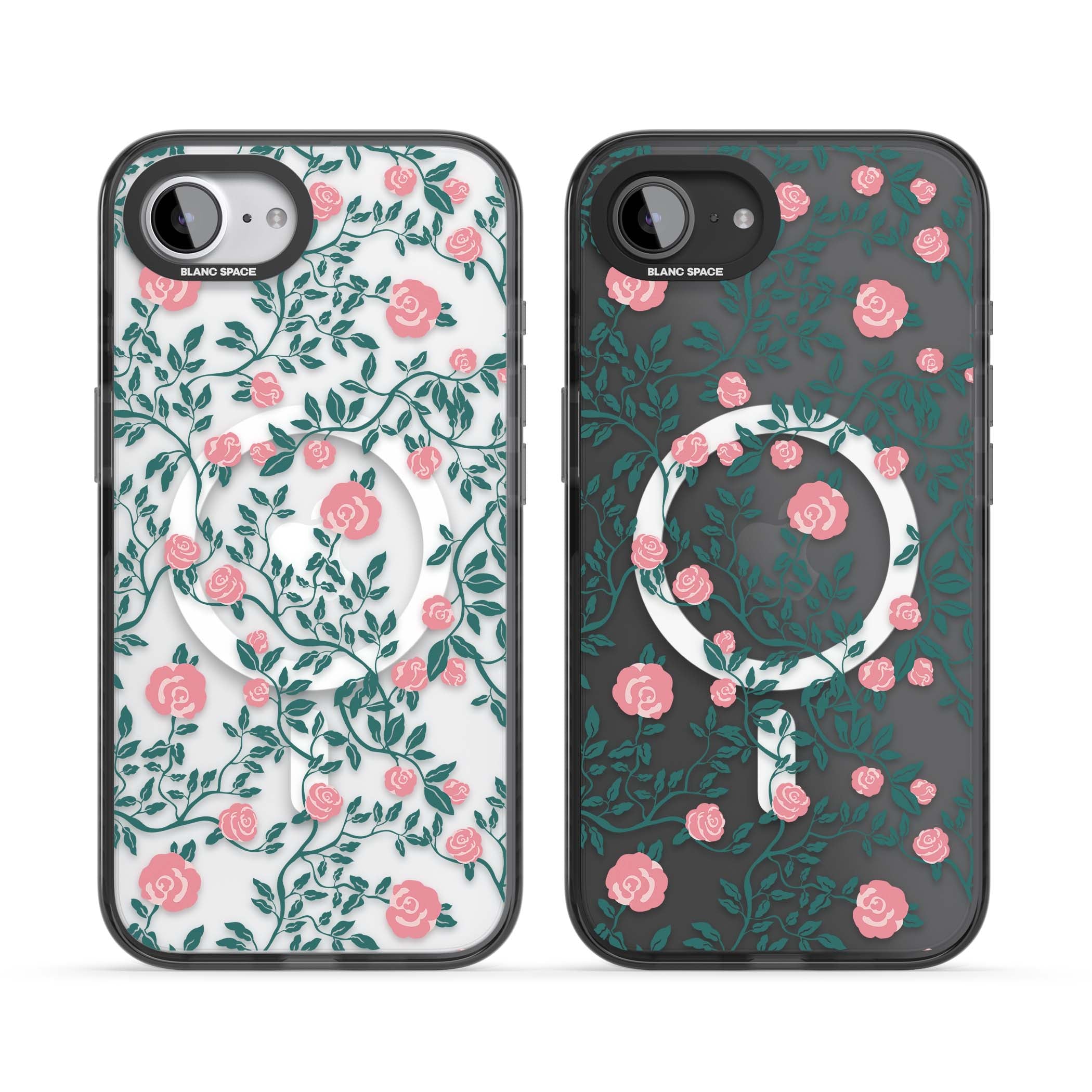 Rose Trellis (Clear) cottagecore iPhone case featuring pink climbing roses and green leaves on clear background | Black Impact Magsafe case for iPhone 16e, iPhone 17e