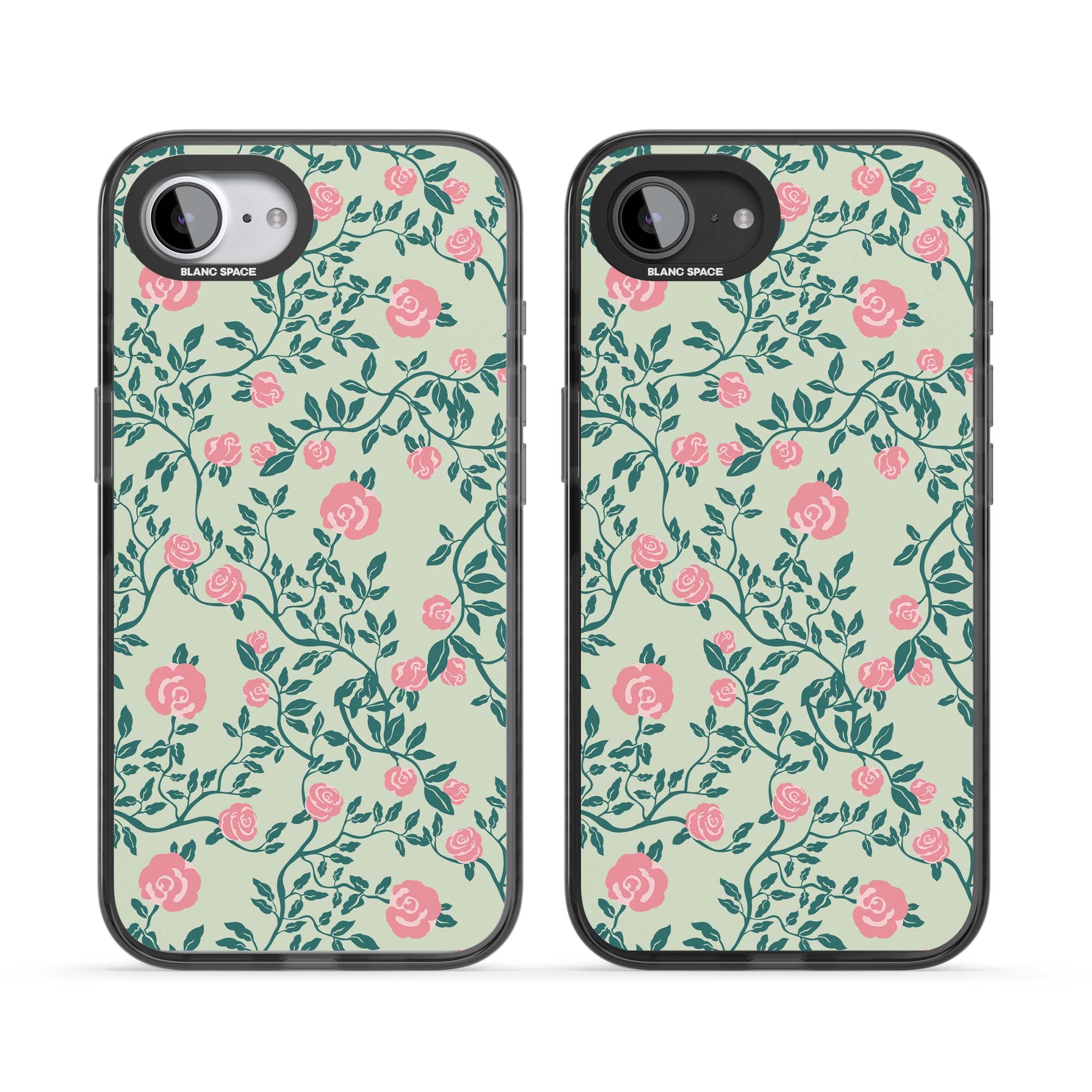 Rose Trellis cottagecore iPhone case featuring pink roses, sage green vines, and mint background | Black Impact Magsafe case for iPhone 16e, iPhone 17e