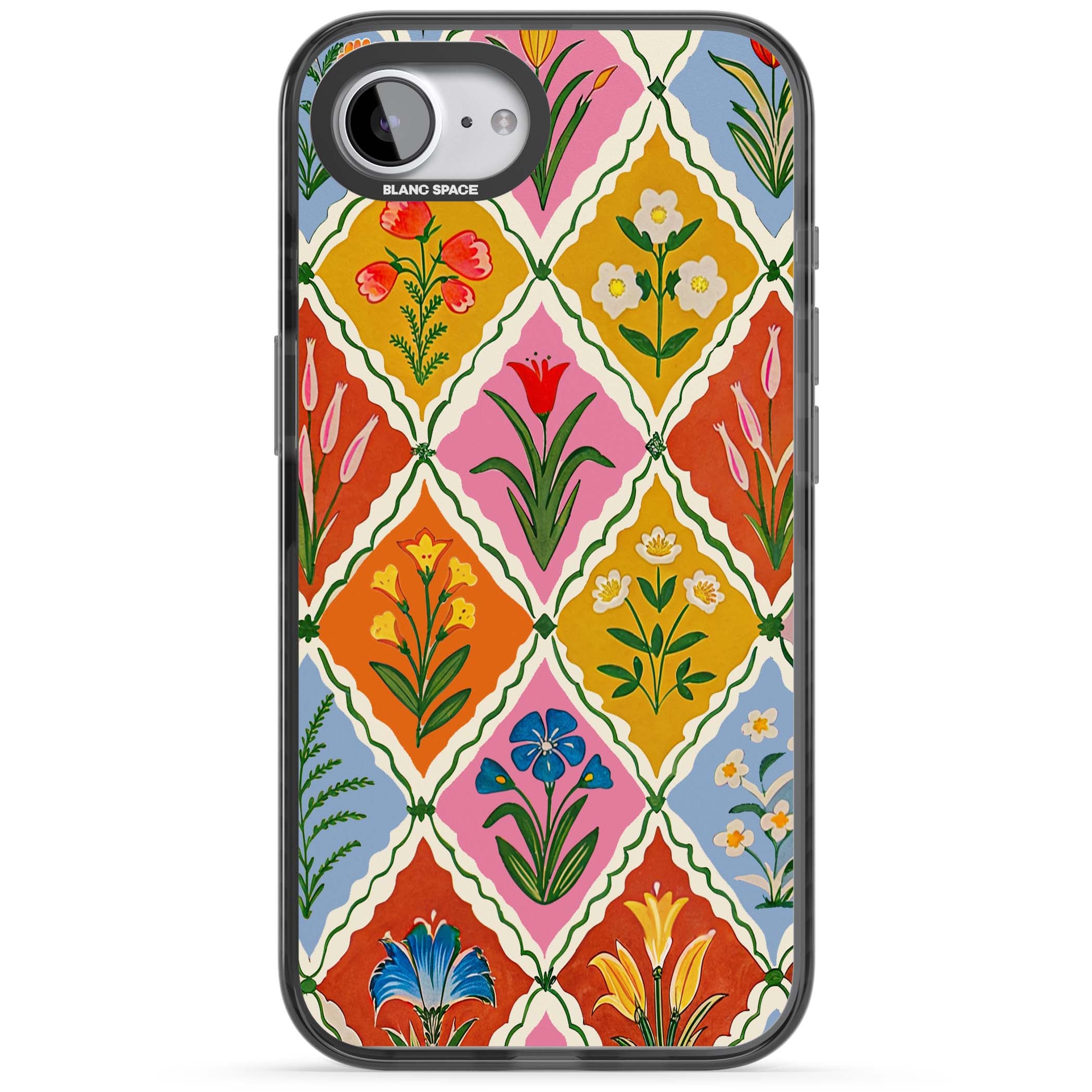 Floral Quilt boho floral iPhone case featuring diamond lattice pattern, hand-painted tulips and folk art wildflowers | Black Impact Magsafe case for iPhone 16e, iPhone 17e