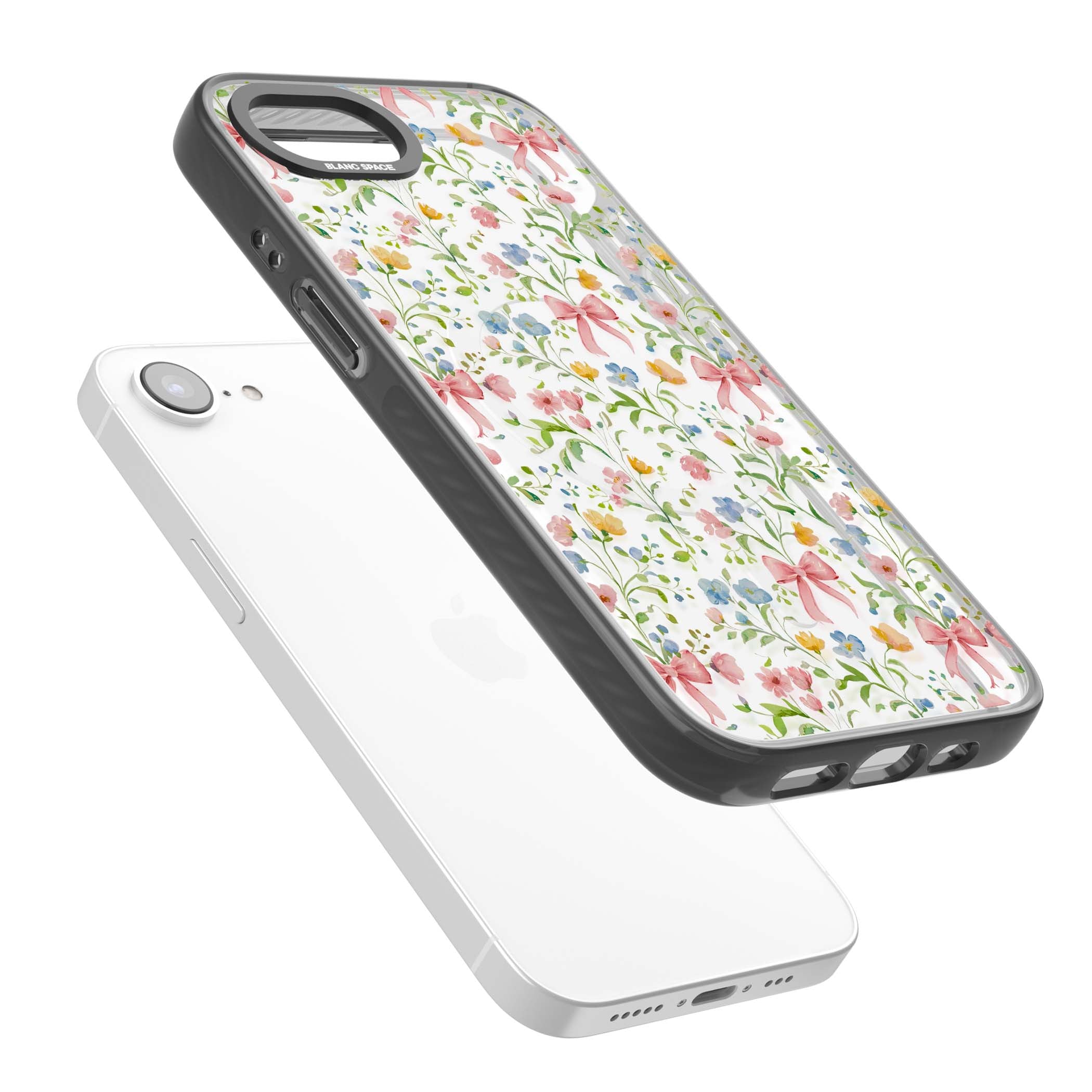 Ribbons & Wildflowers cottagecore iPhone case featuring watercolor wildflowers, pink satin bows, and delicate spring blooms o | Black Impact Magsafe case for iPhone 16e, iPhone 17e