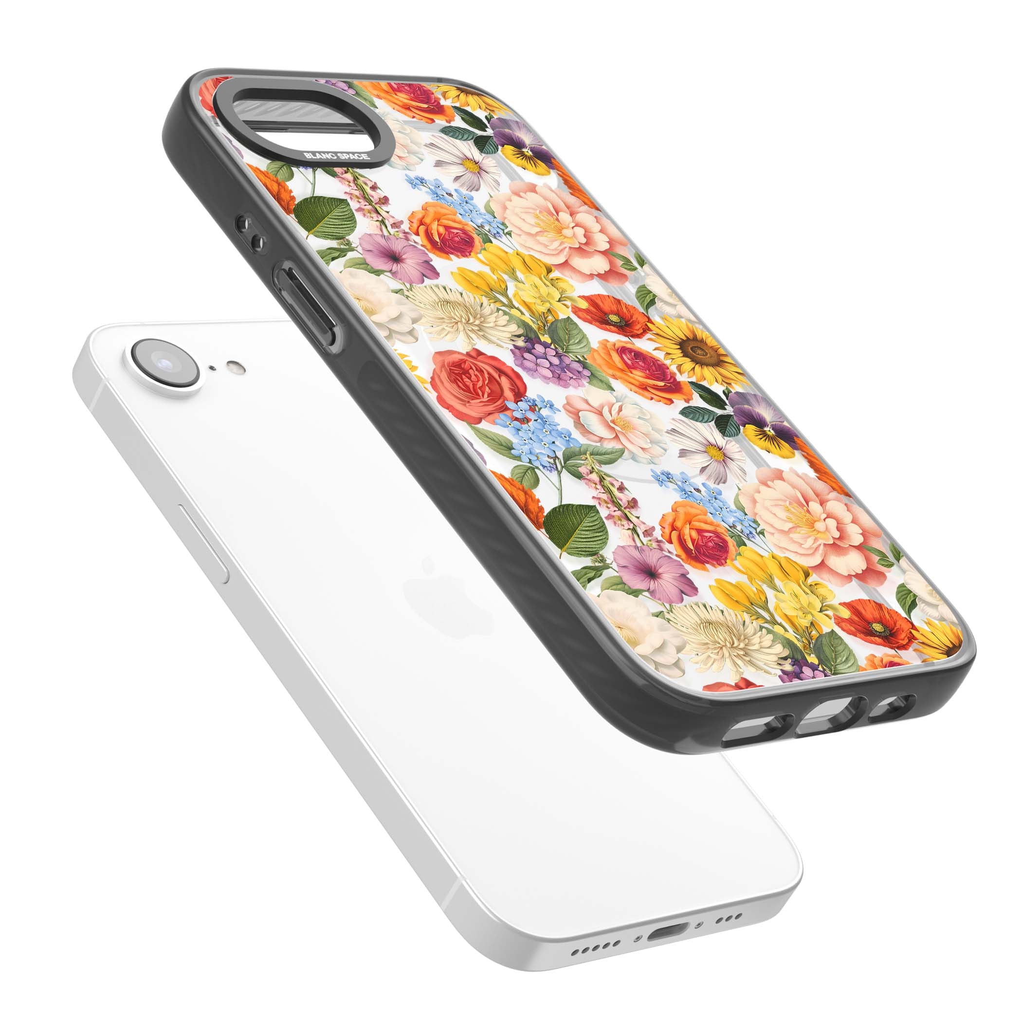 Bloom Basket floral iPhone case featuring cottage garden flowers including peonies, sunflowers, and wildflowers in pastel col | Black Impact Magsafe case for iPhone 16e, iPhone 17e