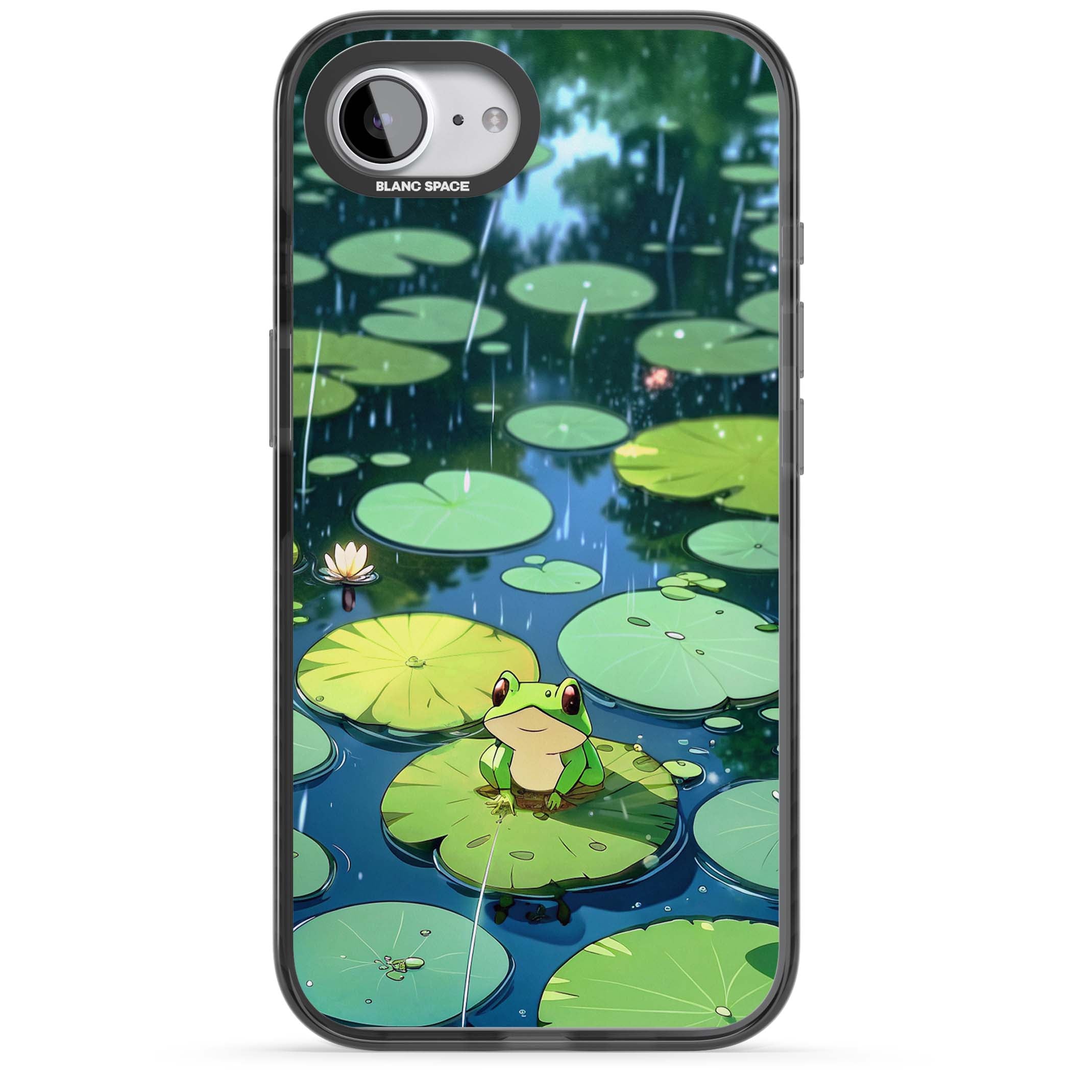 Frog In Lily Pond cottagecore iPhone case featuring a cute green frog on a lily pad with falling rain and a lotus flower | Black Impact Magsafe case for iPhone 16e, iPhone 17e