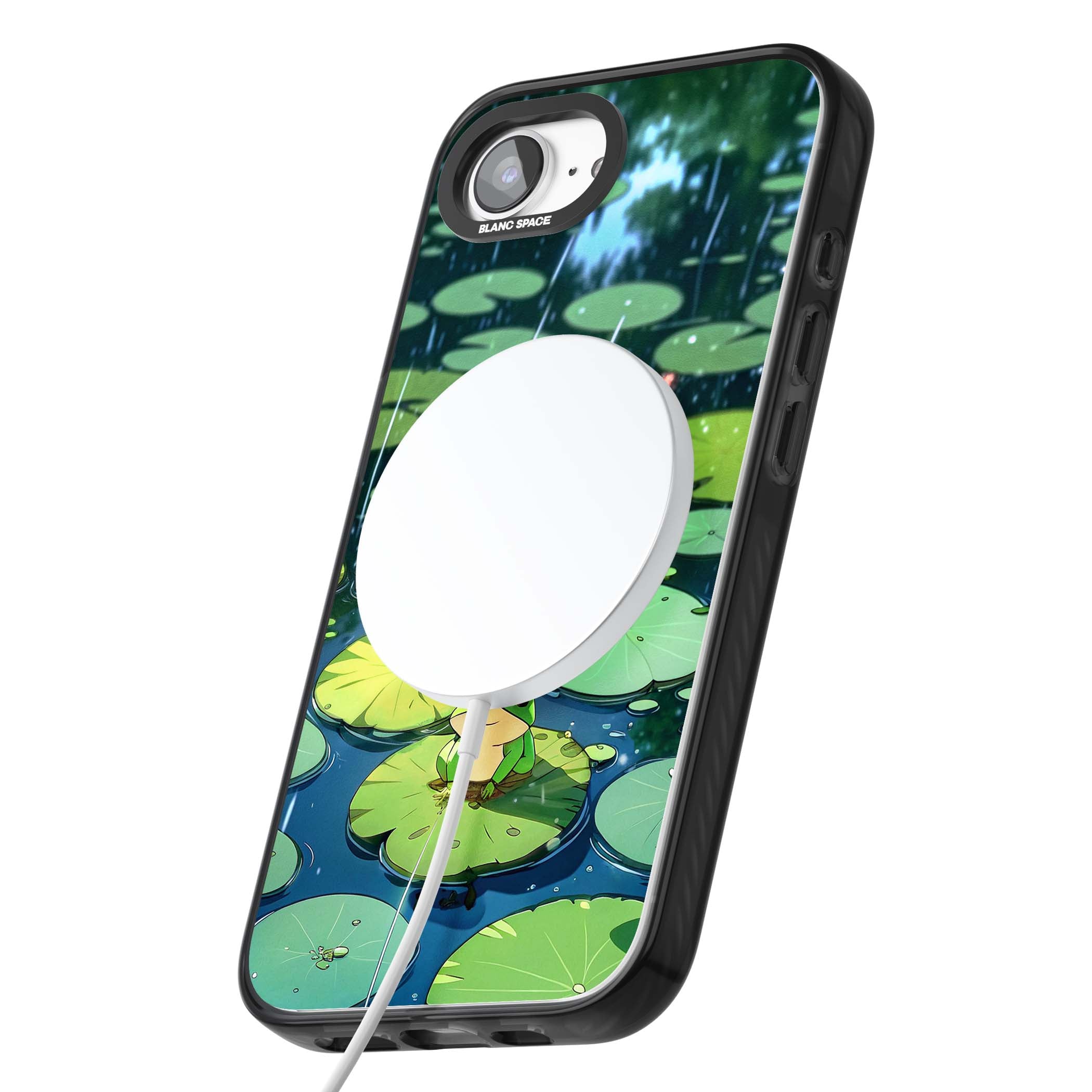 Frog In Lily Pond cottagecore iPhone case featuring a cute green frog on a lily pad with falling rain and a lotus flower | Black Impact Magsafe case for iPhone 16e, iPhone 17e