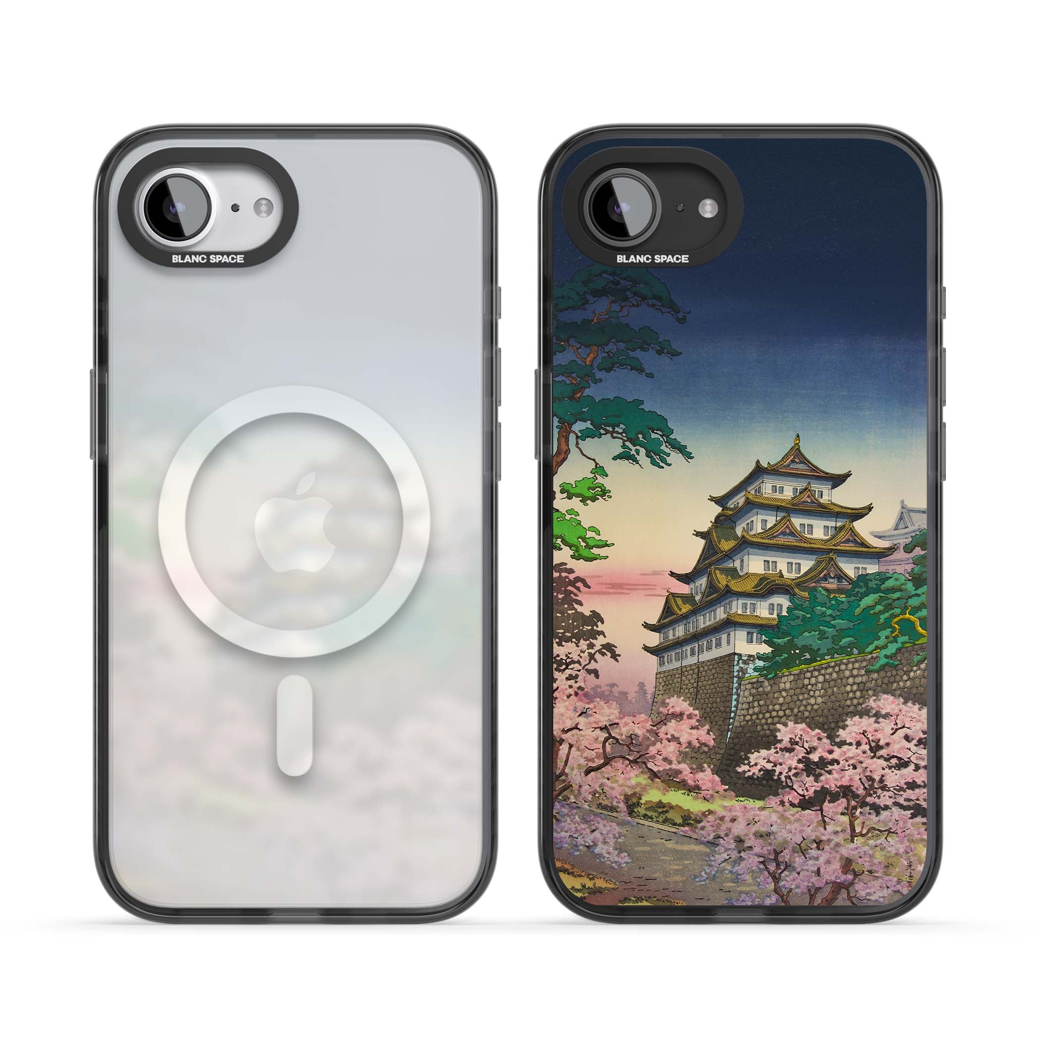 Nagoya Castle Japanese iPhone case featuring a vintage pagoda, twilight sky and cherry blossom trees | Black Impact Magsafe case for iPhone 16e, iPhone 17e