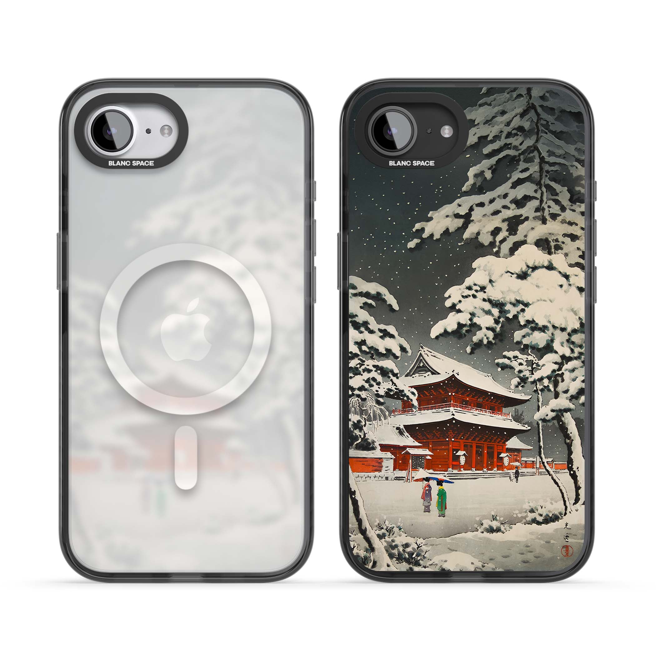 Snow at Shiha Park, Tokyo Japanese art iPhone case featuring a vintage ukiyo-e snowy temple, red pagoda, and snow-covered pin | Black Impact Magsafe case for iPhone 16e, iPhone 17e