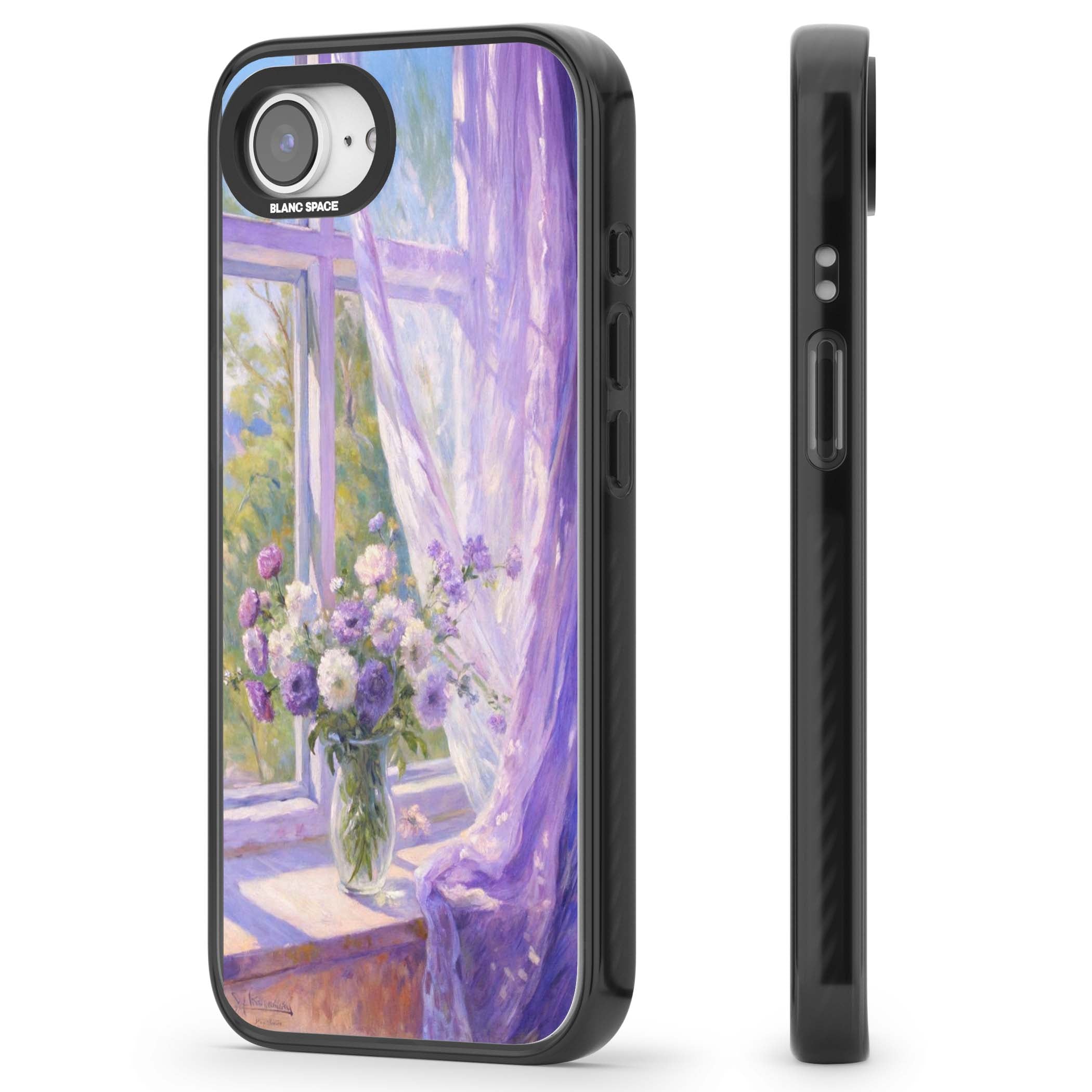 A Provence Morning impressionist art iPhone case featuring a vase of purple flowers, sunlit window and sheer curt | Black Impact Magsafe case for iPhone 16e, iPhone 17e