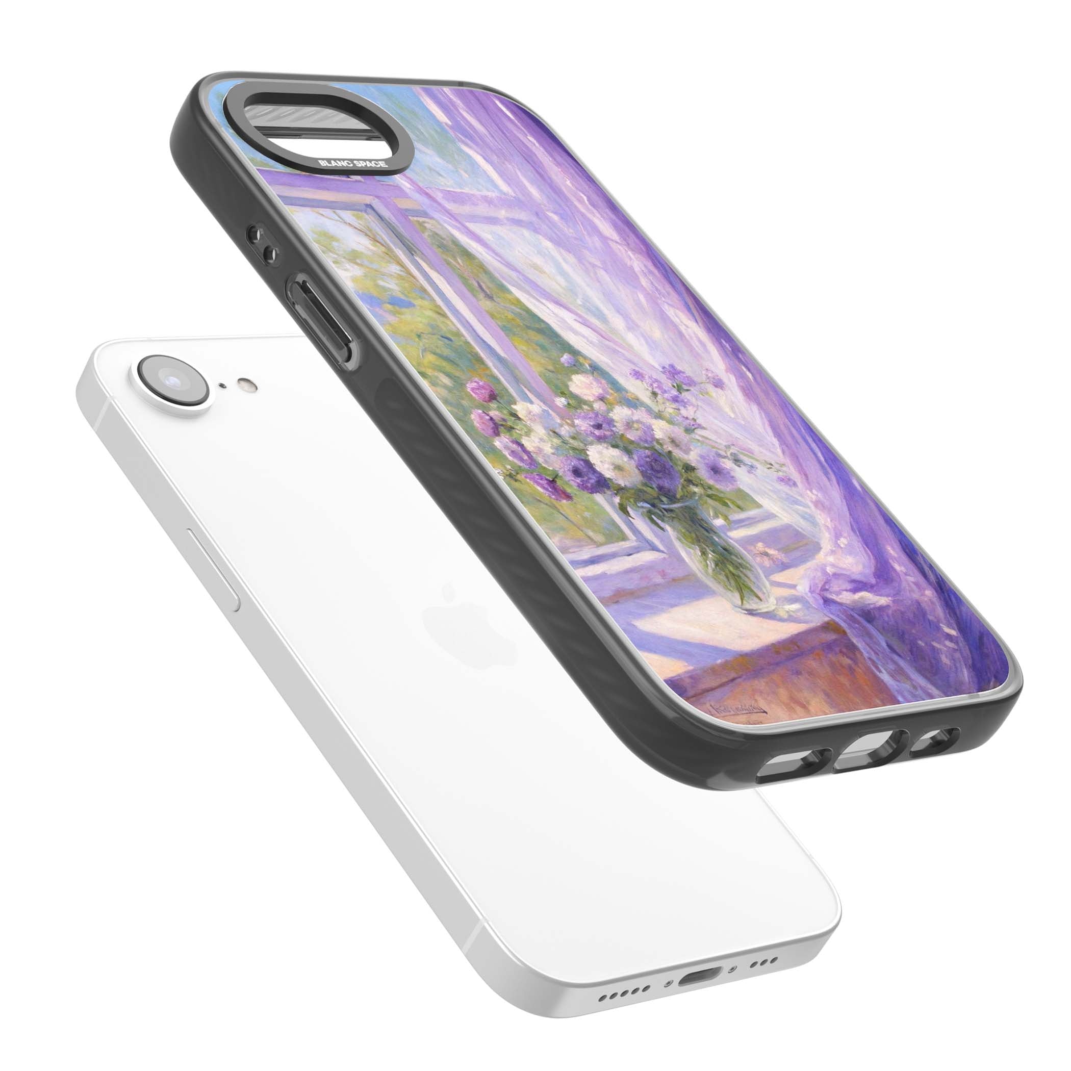 A Provence Morning impressionist art iPhone case featuring a vase of purple flowers, sunlit window and sheer curt | Black Impact Magsafe case for iPhone 16e, iPhone 17e