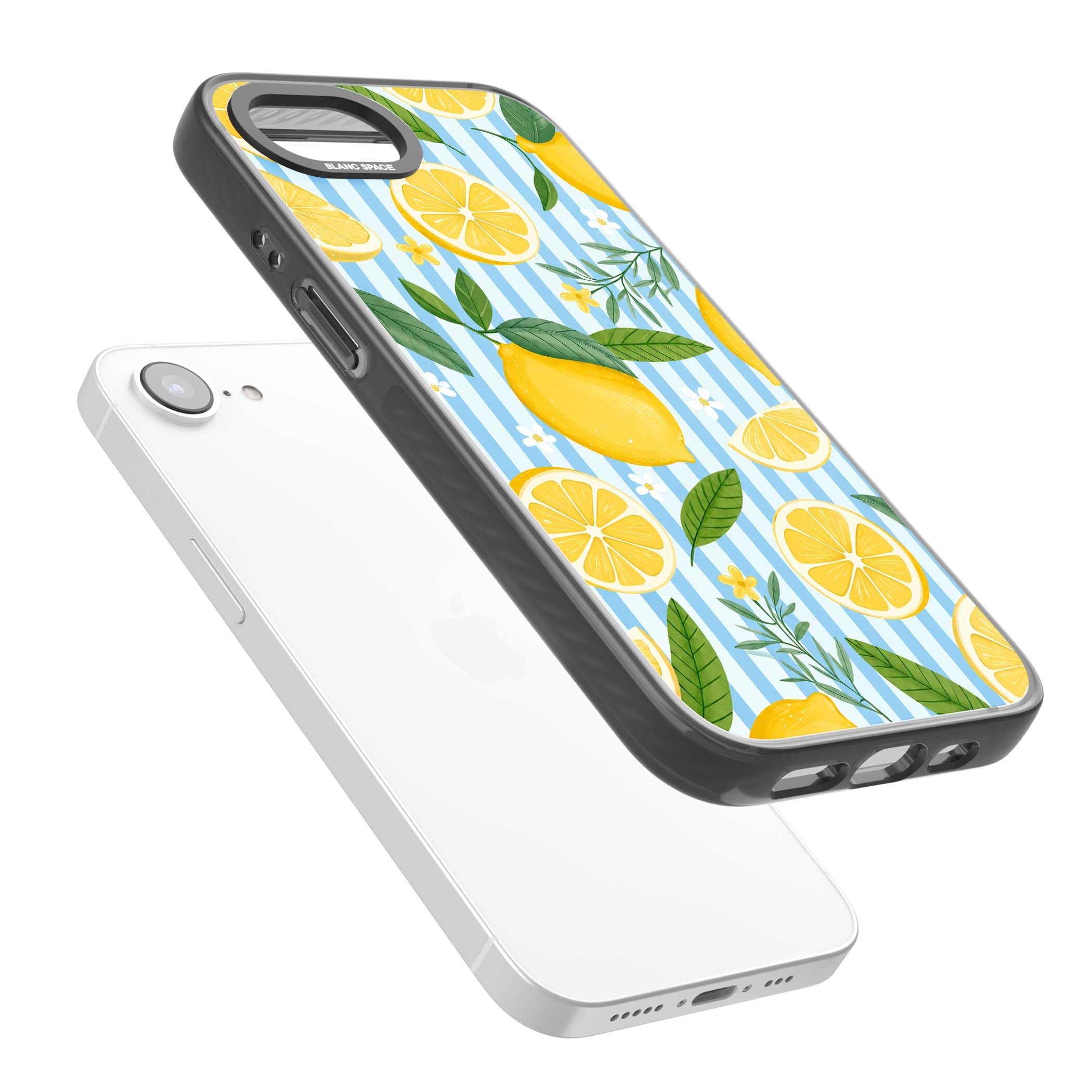 Capri Citrus Stripe coastal iPhone case featuring yellow lemons, blue stripes, and white daisy blossoms | Black Impact Magsafe case for iPhone 16e, iPhone 17e