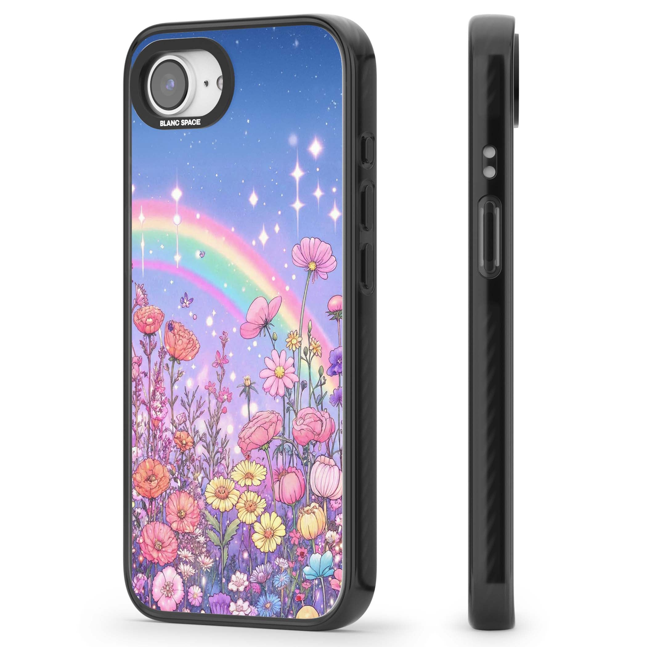 Magical Meadow fairycore iPhone case featuring a pastel rainbow, sparkling stars and a wildflower meadow | Black Impact Magsafe case for iPhone 16e, iPhone 17e