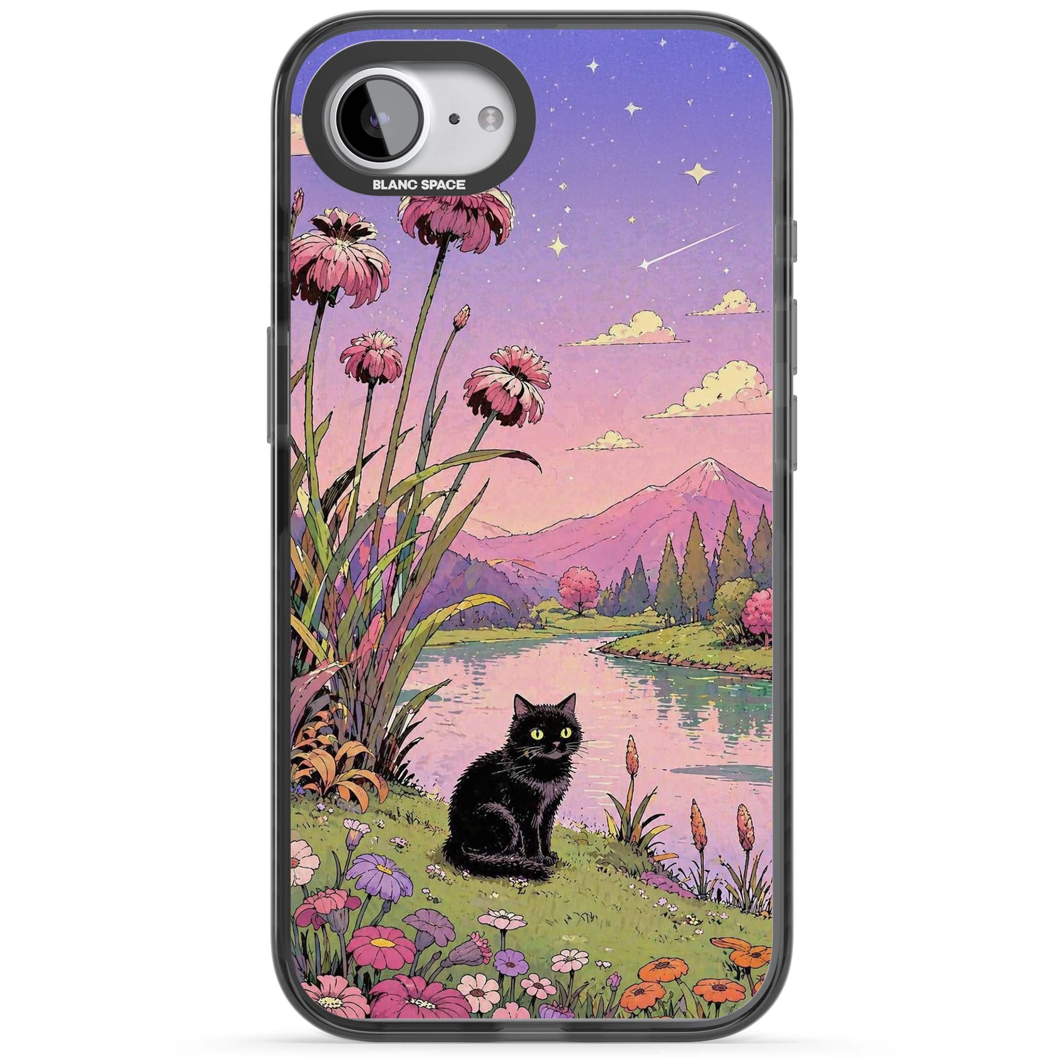Mystic Whiskers ghibli iPhone case featuring a black cat by a pastel lake, wildflowers and a starry sunset sky | Black Impact Magsafe case for iPhone 16e, iPhone 17e