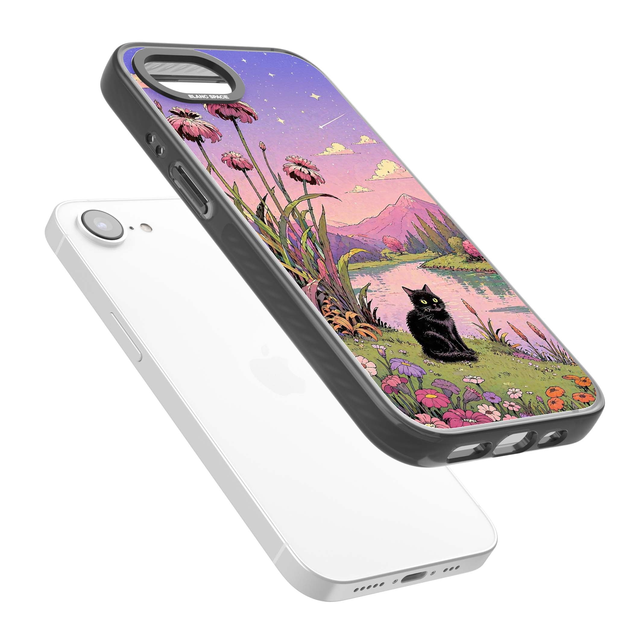 Mystic Whiskers ghibli iPhone case featuring a black cat by a pastel lake, wildflowers and a starry sunset sky | Black Impact Magsafe case for iPhone 16e, iPhone 17e