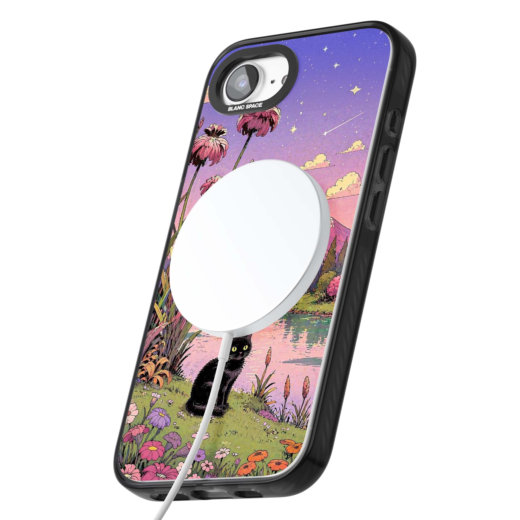 Mystic Whiskers ghibli iPhone case featuring a black cat by a pastel lake, wildflowers and a starry sunset sky | Black Impact Magsafe case for iPhone 16e, iPhone 17e