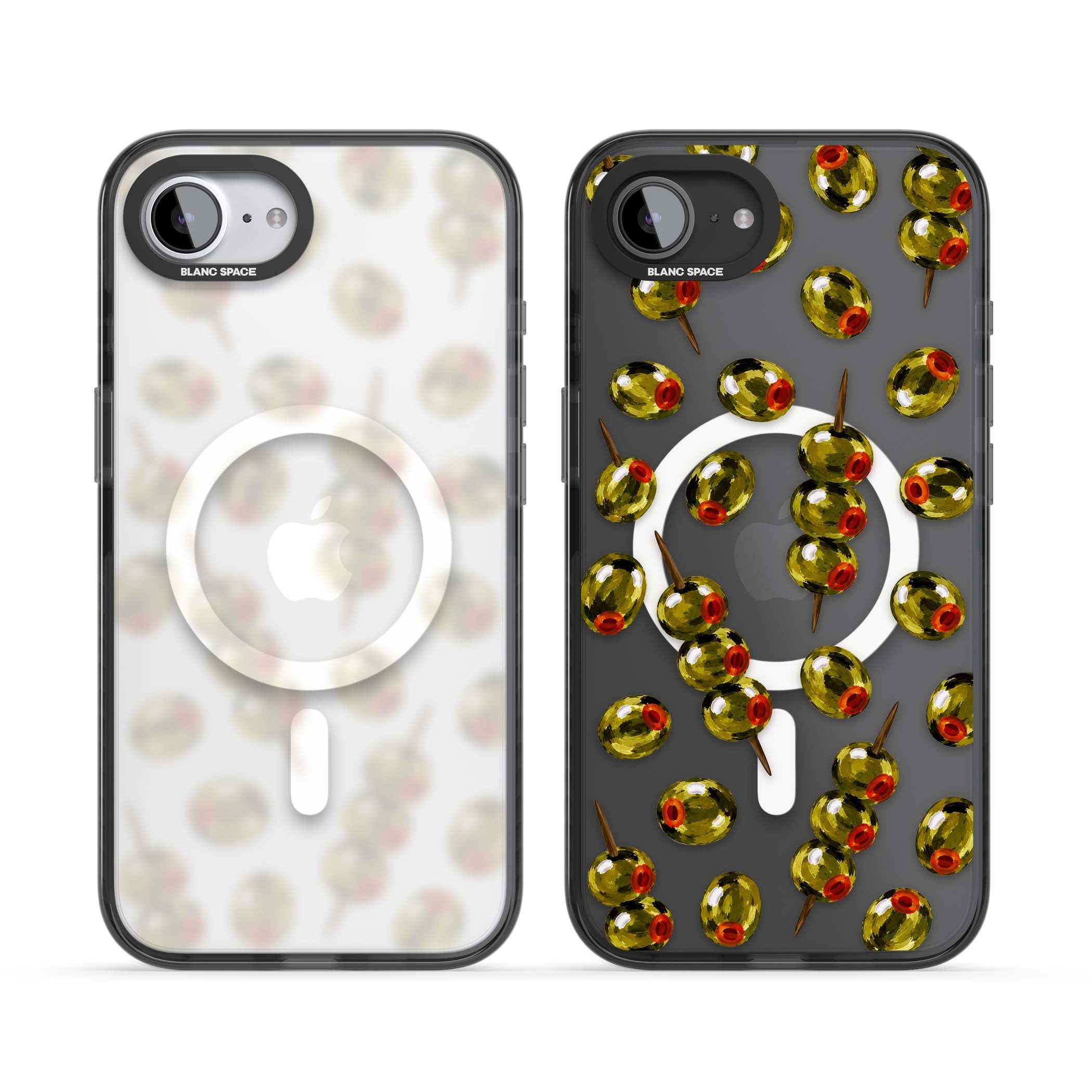 Painted Olives cocktail iPhone case featuring green olives, pimento centres and toothpick skewers on a clear background | Black Impact Magsafe case for iPhone 16e, iPhone 17e
