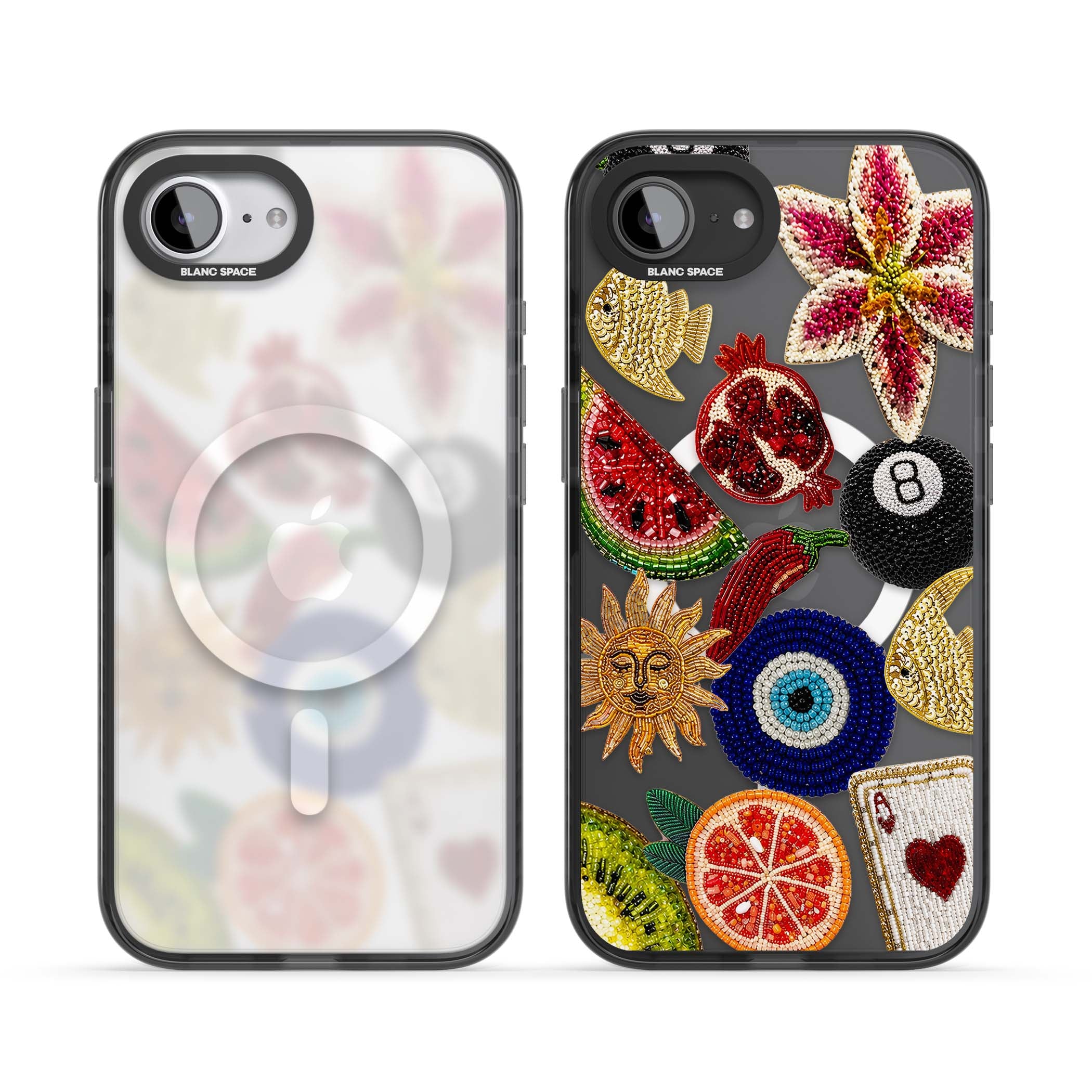 Beaded Charms embroidery iPhone case featuring beaded evil eye, fruit patches and a golden sun motif | Black Impact Magsafe case for iPhone 16e, iPhone 17e