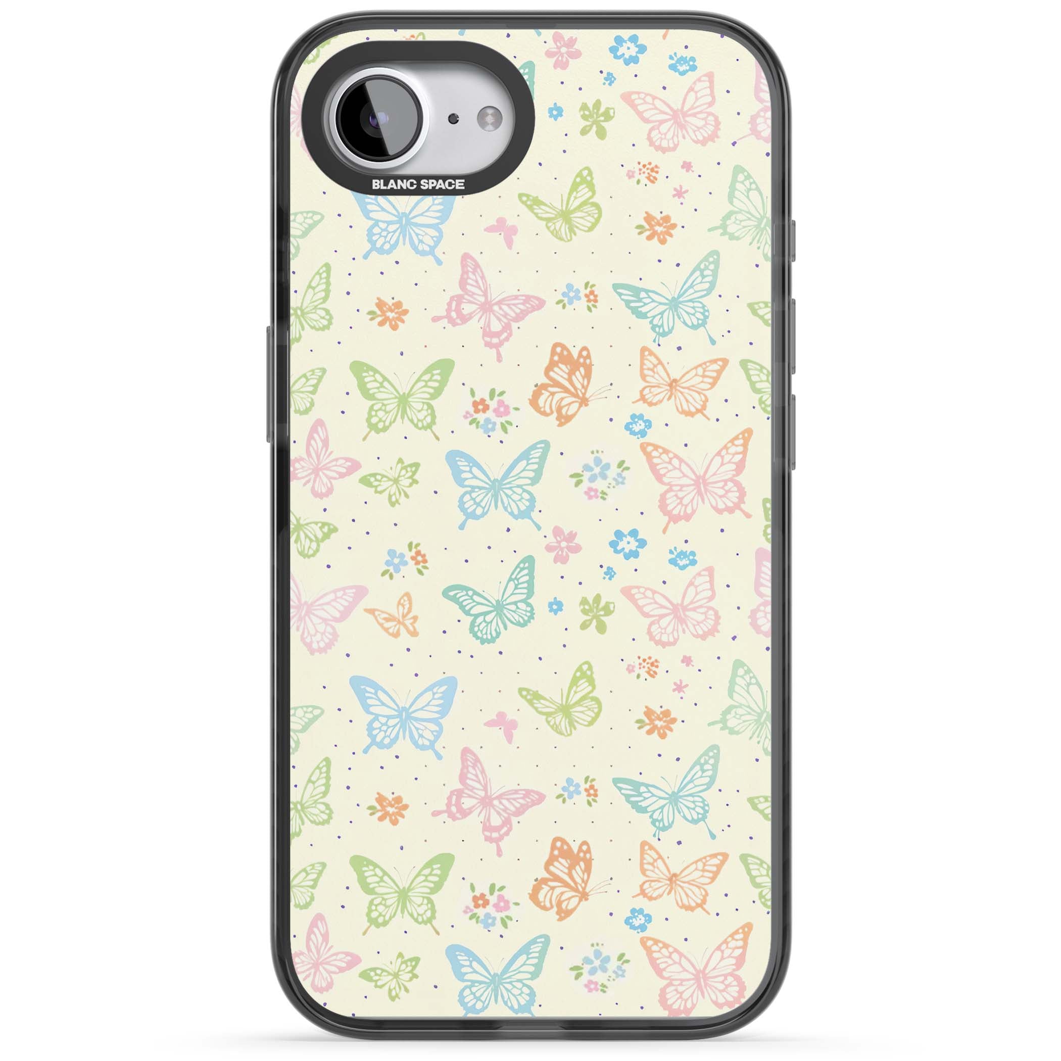 Sugar Wings cottagecore iPhone case featuring rainbow pastel butterflies, tiny wildflowers, and a cream background | Black Impact Magsafe case for iPhone 16e, iPhone 17e