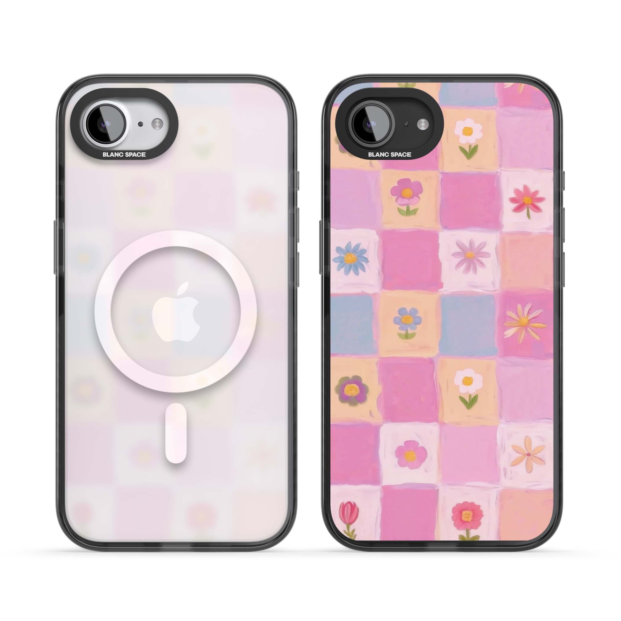 Pastel Flower Patchwork cottagecore iPhone case featuring painted pink and lilac squares with daisies and wildflowers | Black Impact Magsafe case for iPhone 16e, iPhone 17e