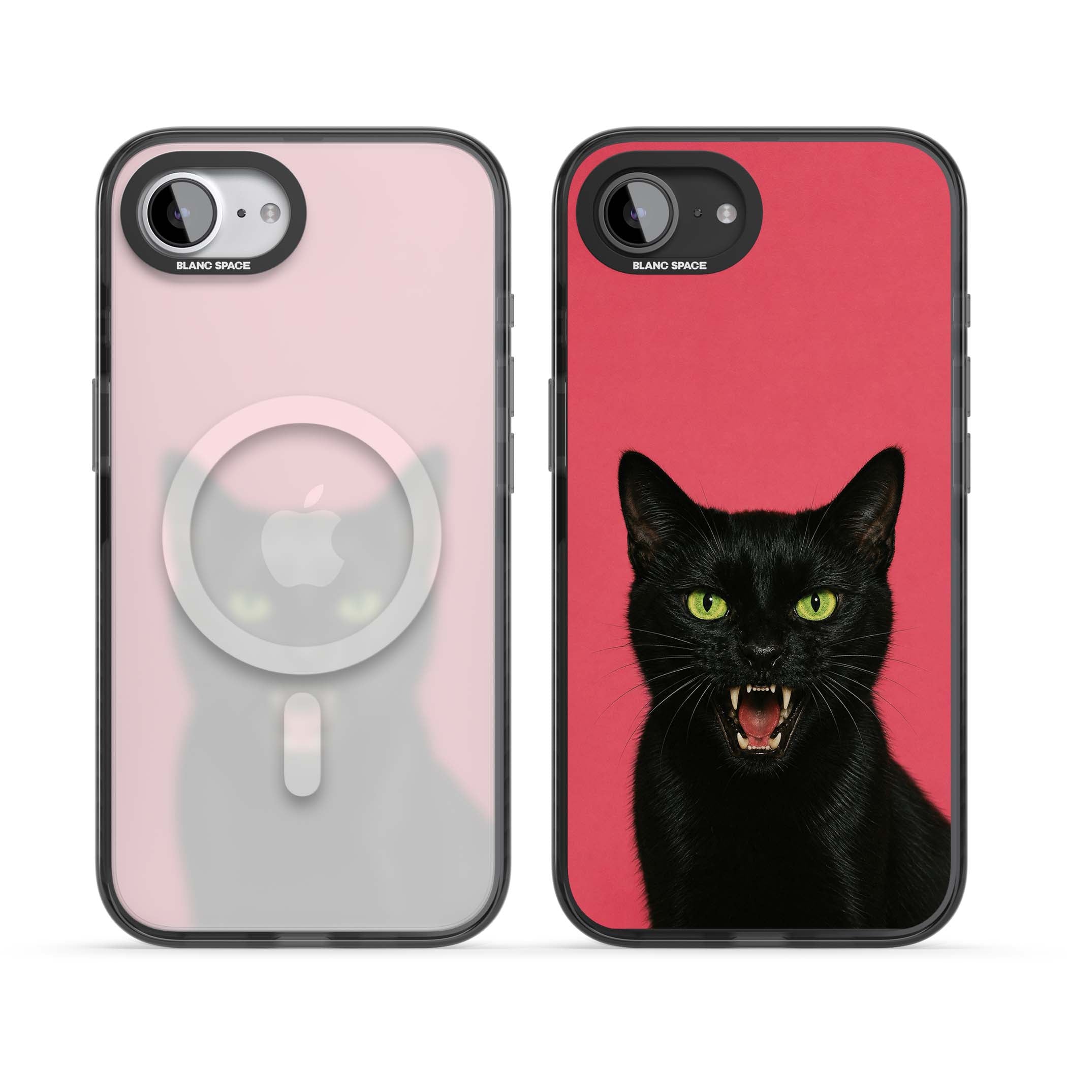 Hissin' Baddie black cat iPhone case featuring a hissing feline with green eyes on a hot pink background | Black Impact Magsafe case for iPhone 16e, iPhone 17e