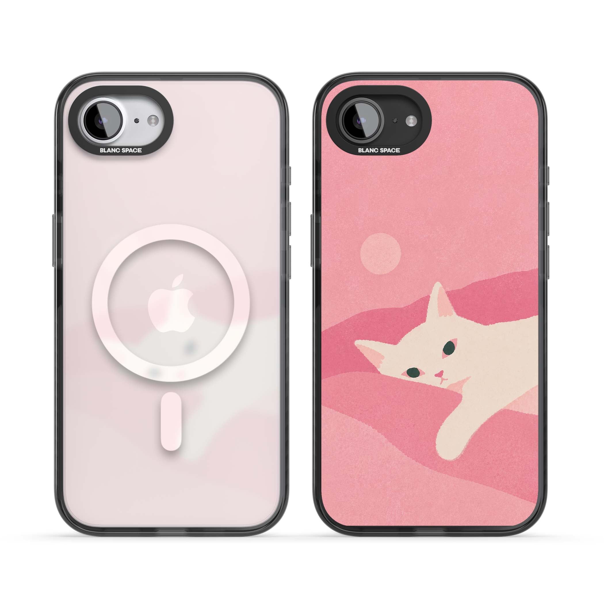Pink Dreams cute cat iPhone case featuring a white kitten, soft pink hills and a pale pastel sun | Black Impact Magsafe case for iPhone 16e, iPhone 17e