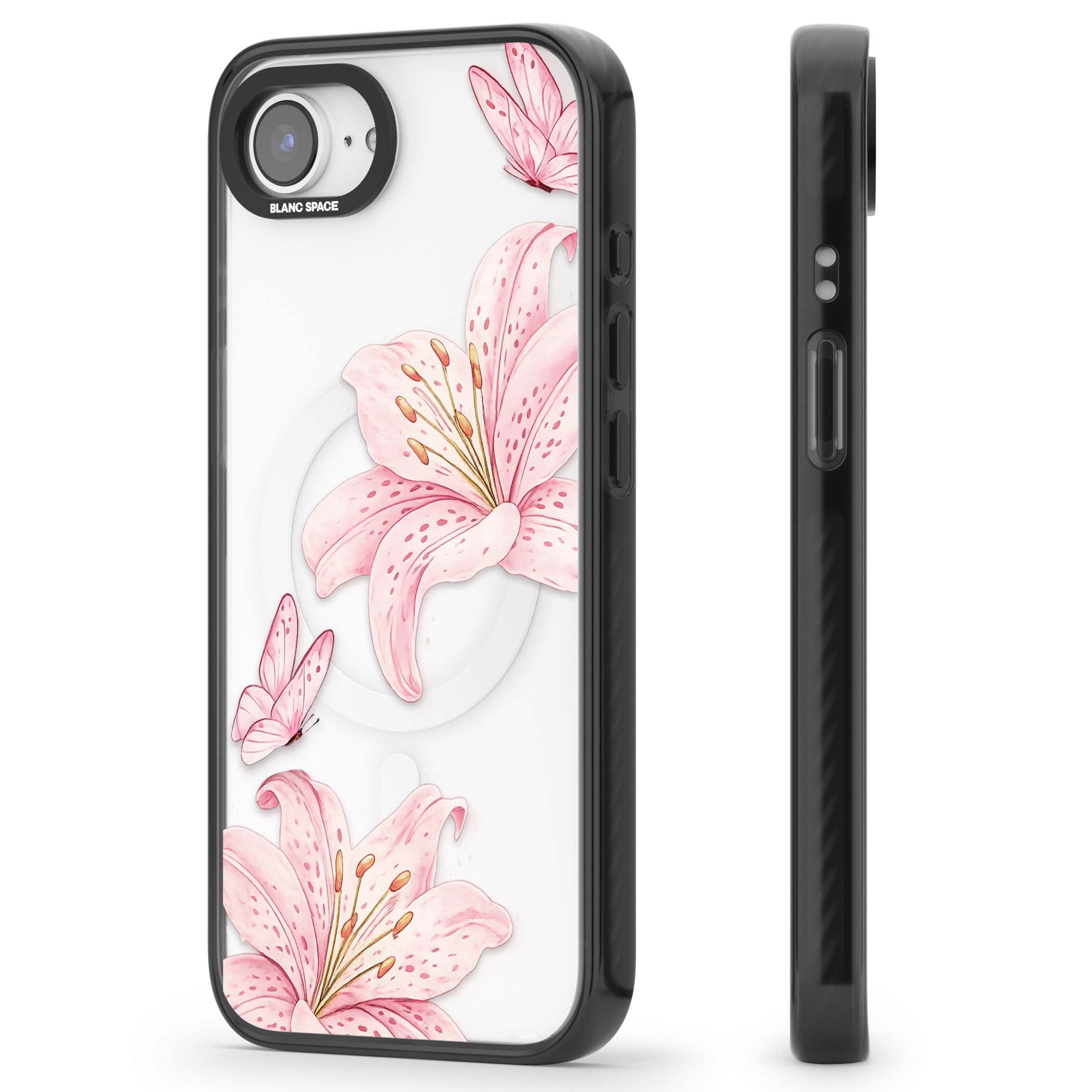 Lily Whisper floral iPhone case featuring pink watercolour lilies and delicate butterflies on a clear background | Black Impact Magsafe case for iPhone 16e, iPhone 17e