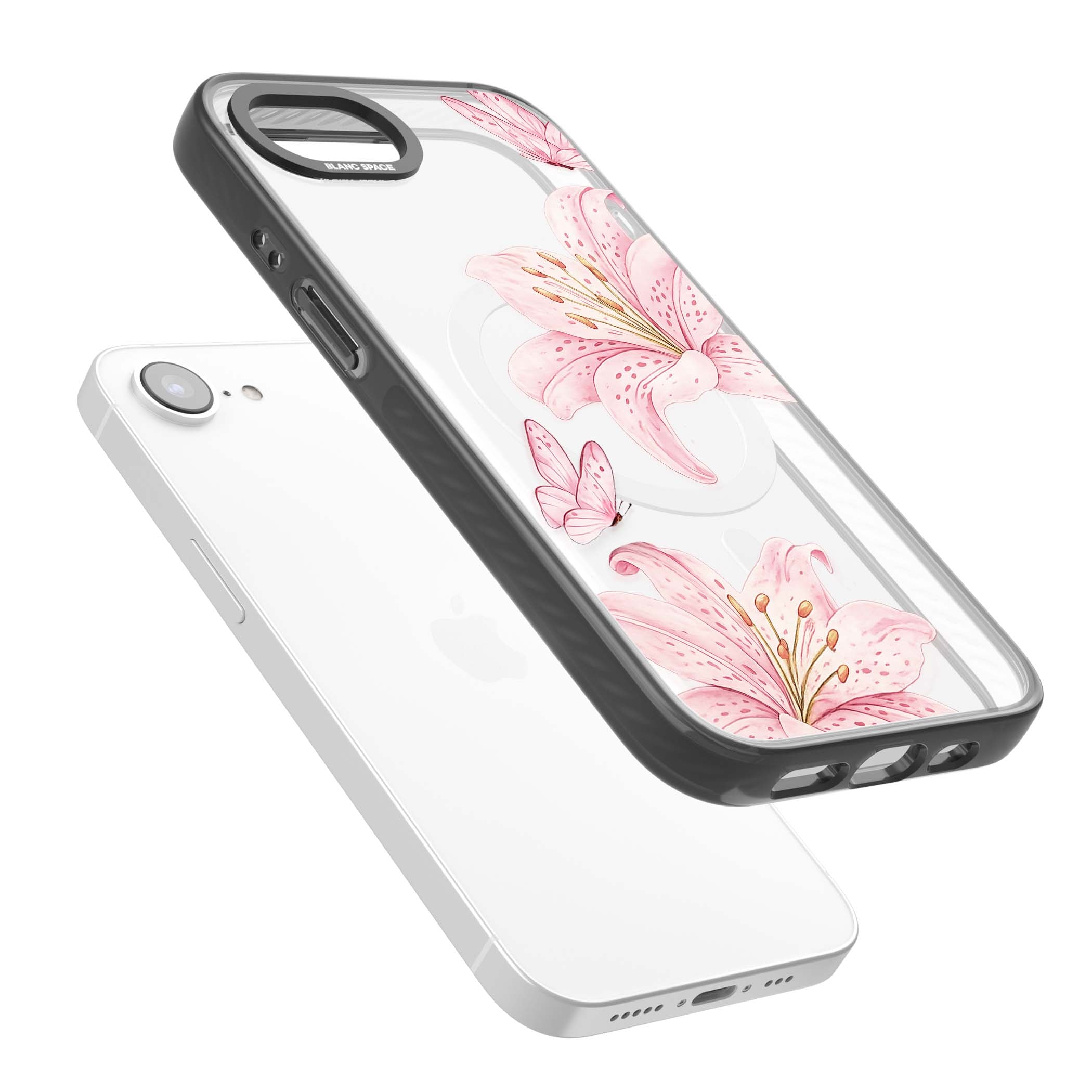 Lily Whisper floral iPhone case featuring pink watercolour lilies and delicate butterflies on a clear background | Black Impact Magsafe case for iPhone 16e, iPhone 17e