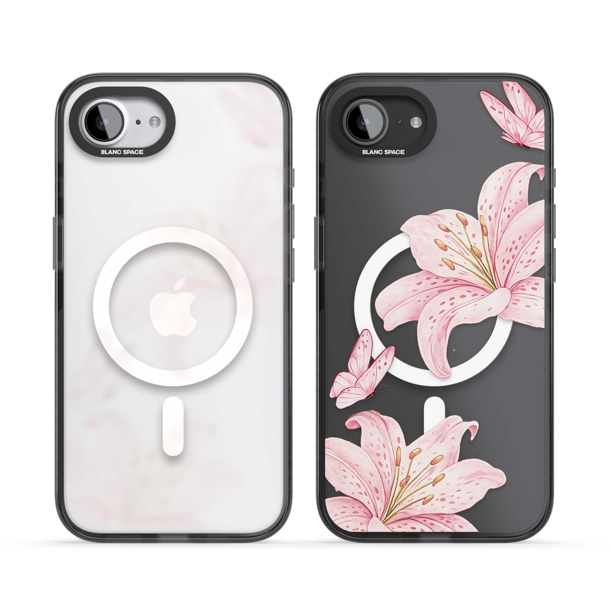 Lily Whisper floral iPhone case featuring pink watercolour lilies and delicate butterflies on a clear background | Black Impact Magsafe case for iPhone 16e, iPhone 17e