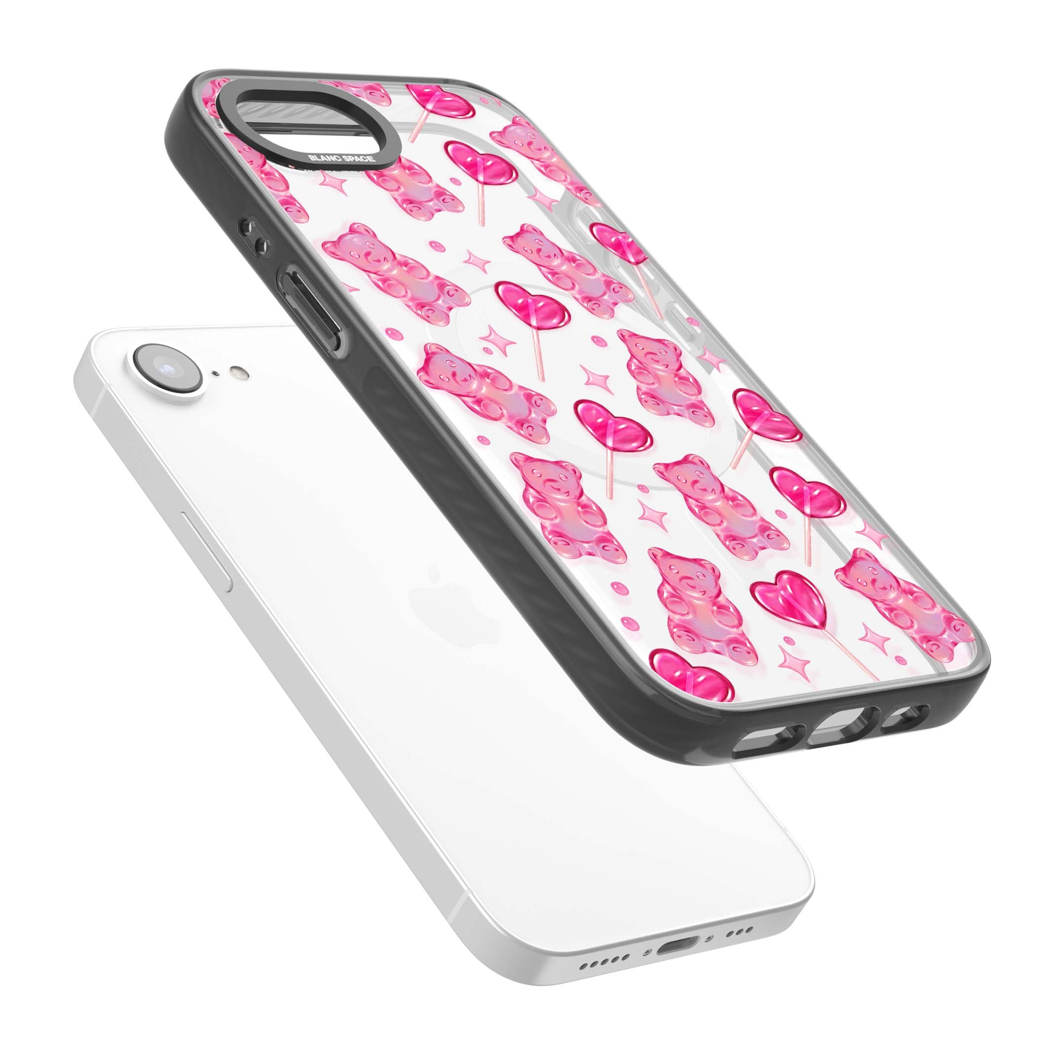Pink Sugar pinkcore iPhone case featuring pink gummy bears, heart-shaped lollipops and sparkle stars | Black Impact Magsafe case for iPhone 16e, iPhone 17e