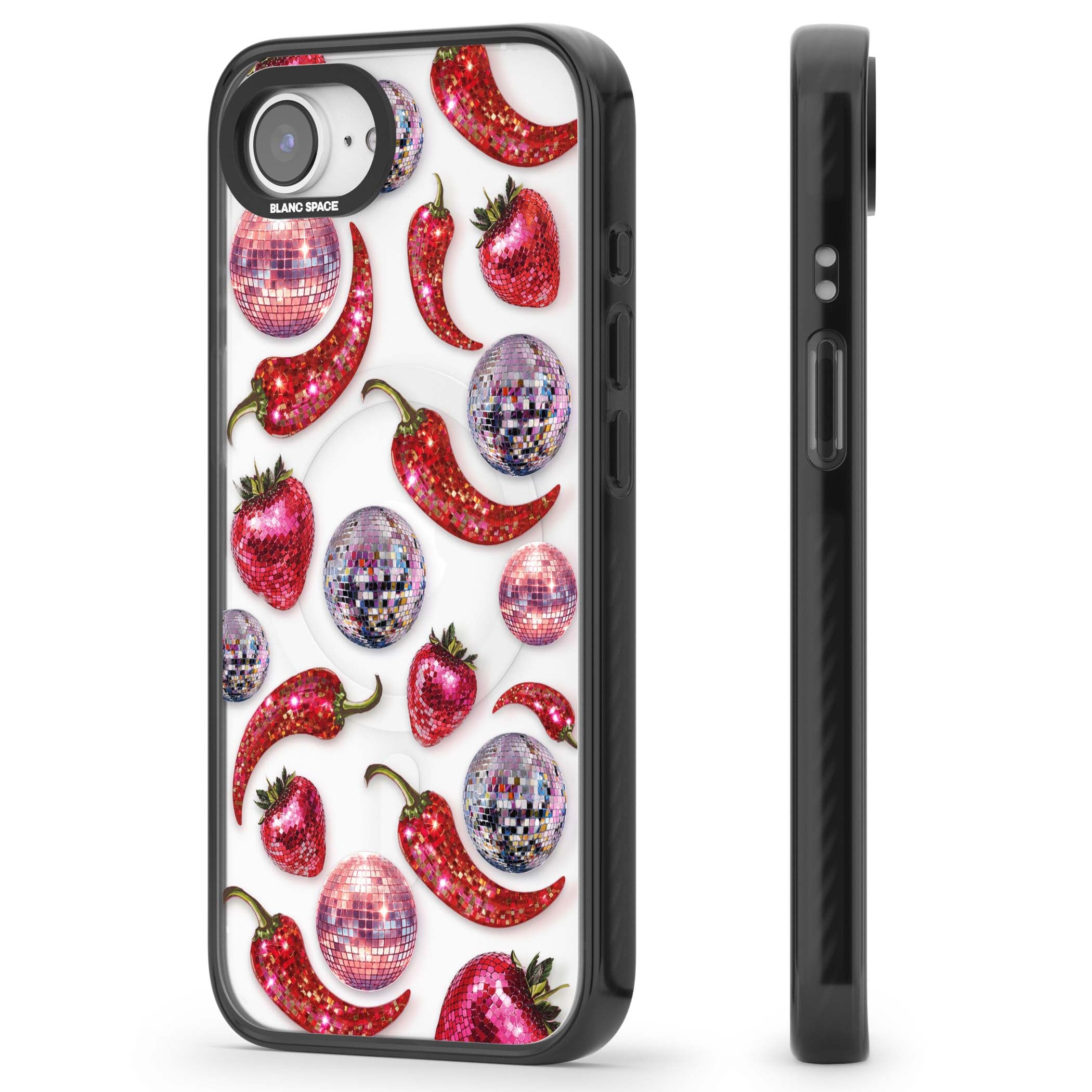 Spicy Disco Y2K iPhone case featuring glitter disco balls, sparkly strawberries and red chilli peppers | Black Impact Magsafe case for iPhone 16e, iPhone 17e