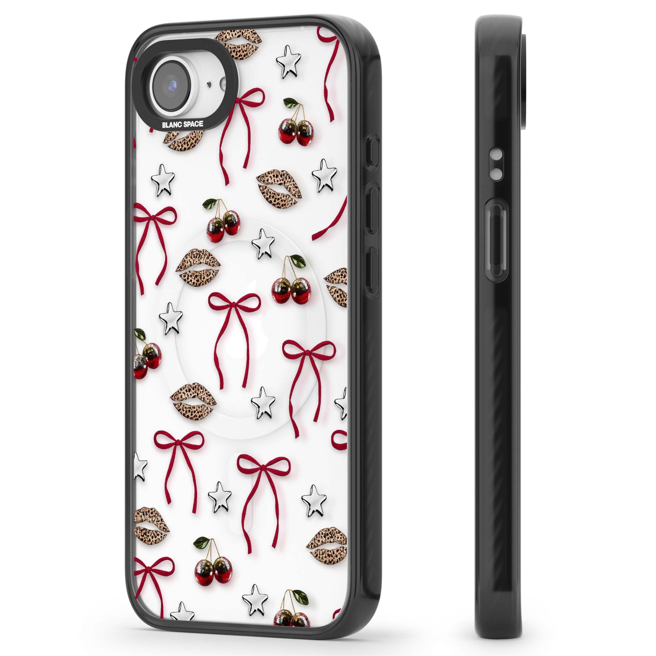 Starlet coquette iPhone case featuring red ribbon bows, disco cherries and leopard-print lips | Black Impact Magsafe case for iPhone 16e, iPhone 17e
