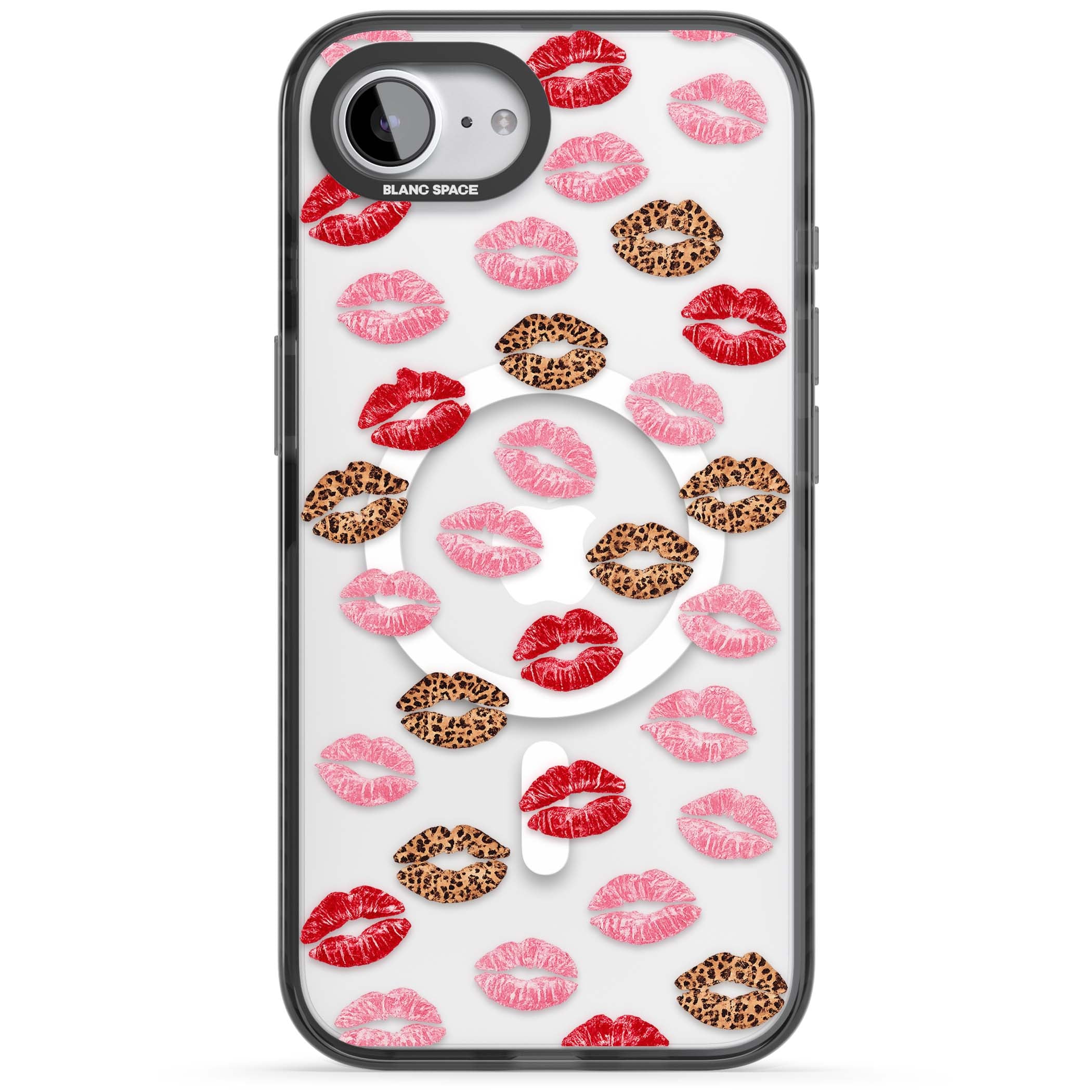 Wild Kisses coquette iPhone case featuring red, pink and leopard print lipstick kiss marks on a clear background | Black Impact Magsafe case for iPhone 16e, iPhone 17e