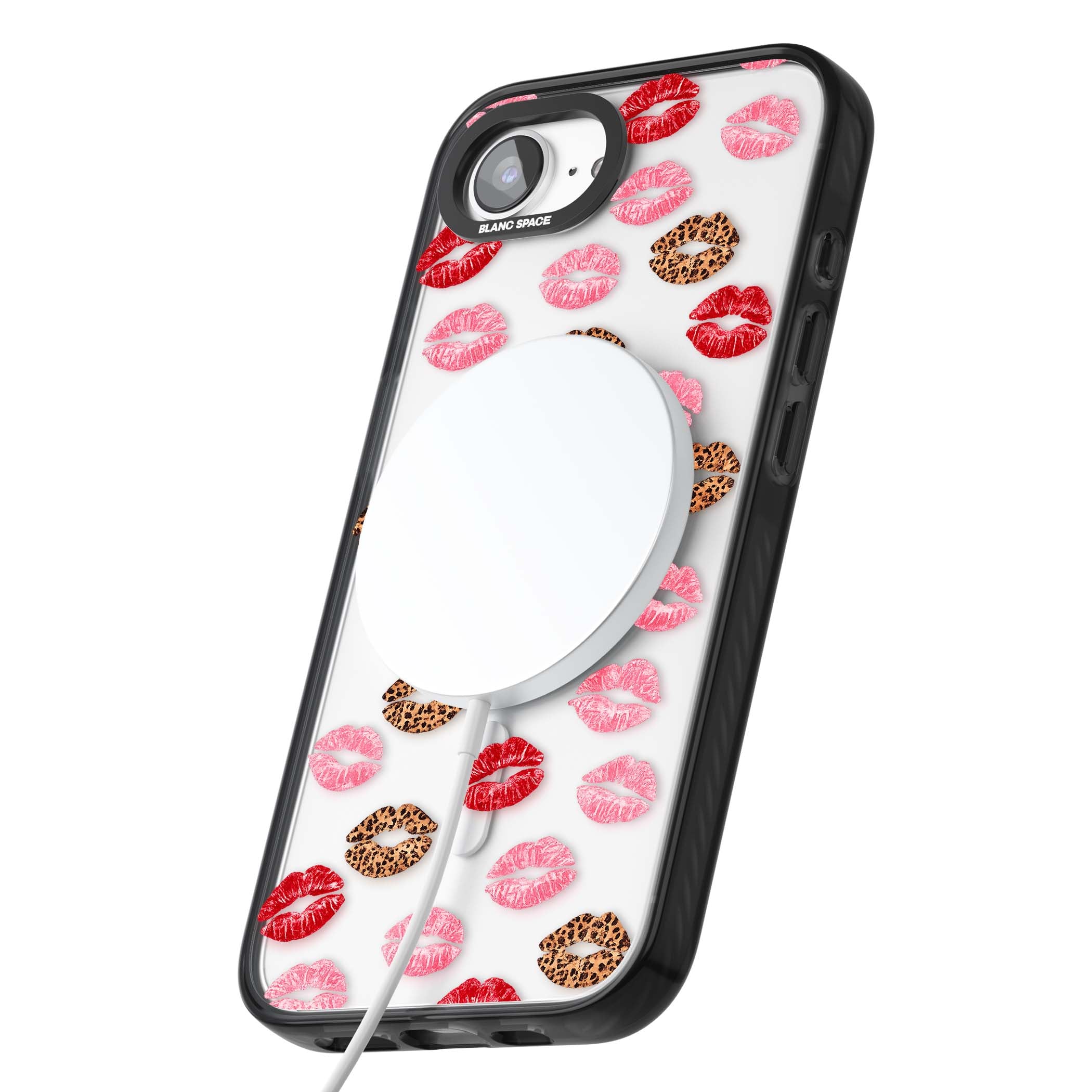 Wild Kisses coquette iPhone case featuring red, pink and leopard print lipstick kiss marks on a clear background | Black Impact Magsafe case for iPhone 16e, iPhone 17e