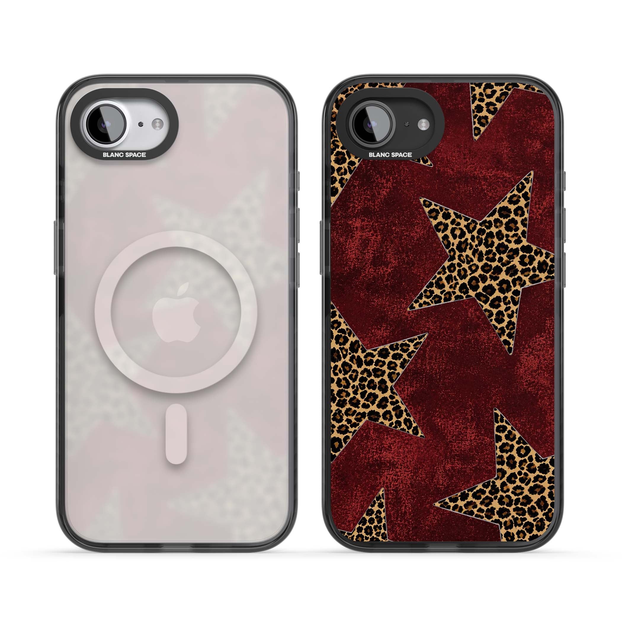 Showgirl leopard print iPhone case featuring cheetah print stars on distressed red grunge background | Black Impact Magsafe case for iPhone 16e, iPhone 17e