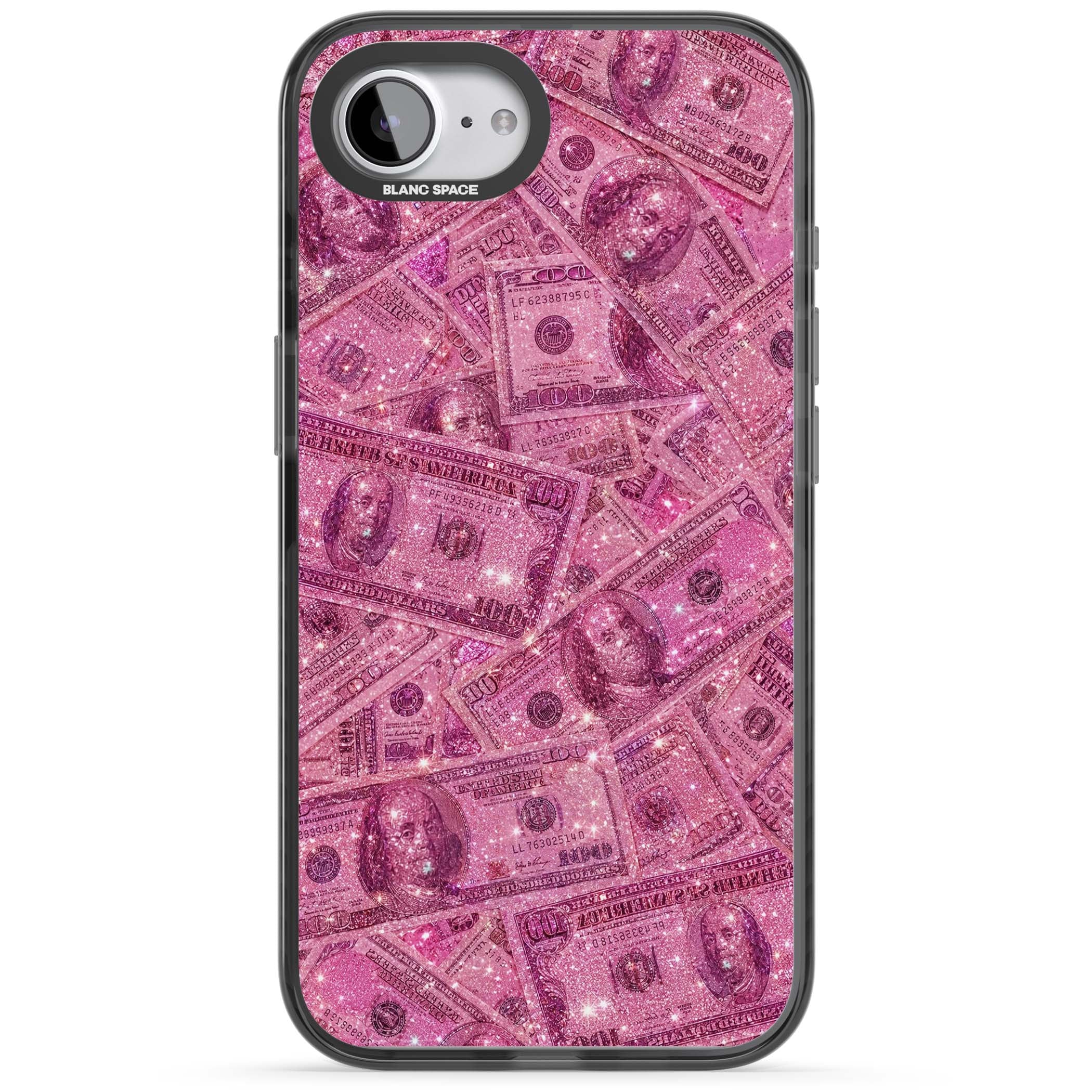 Glamorous baddie iPhone case featuring pink glitter hundred dollar bills and sparkling money wallpaper design | Black Impact Magsafe case for iPhone 16e, iPhone 17e
