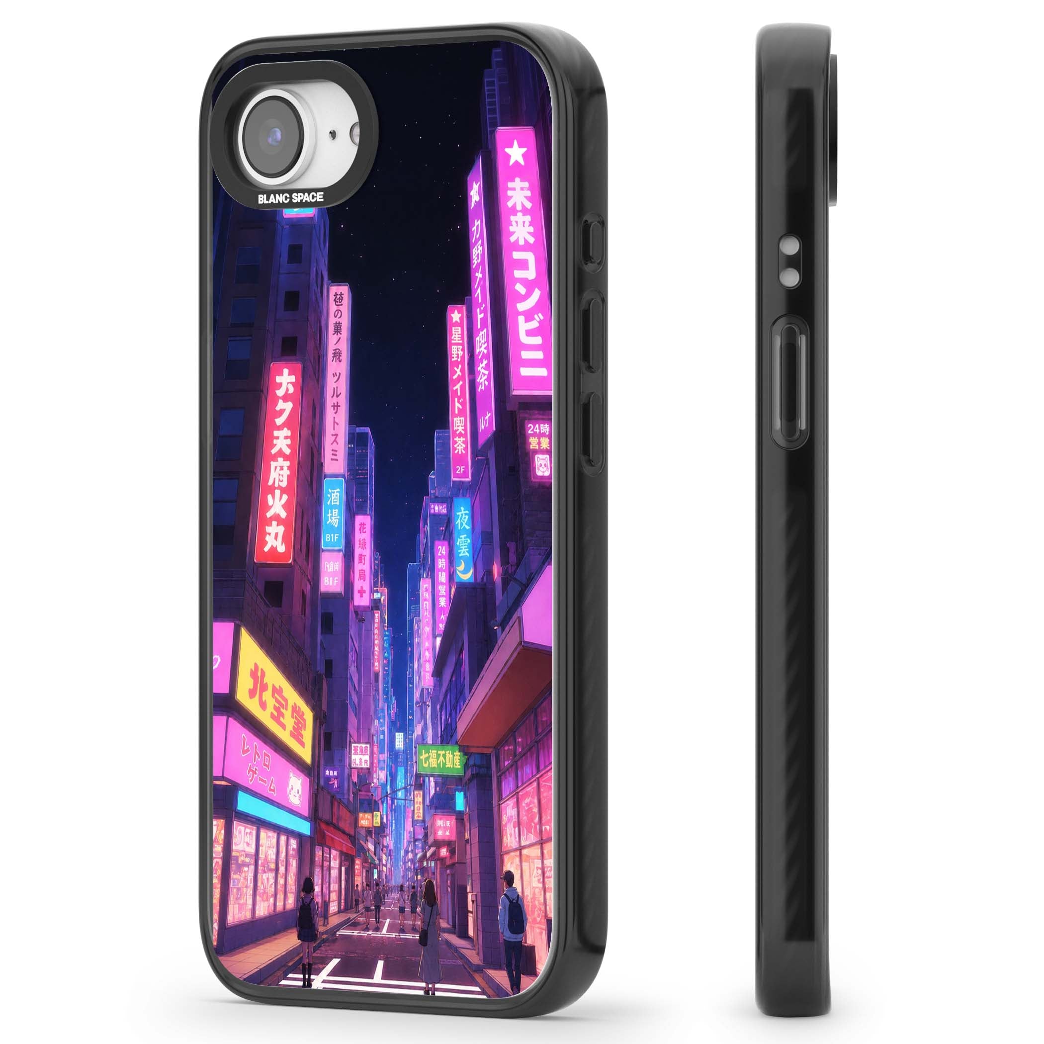 Shibuya At Night Japanese neon city iPhone case featuring glowing kanji signs, pink storefronts and a Tokyo street at n | Black Impact Magsafe case for iPhone 16e, iPhone 17e