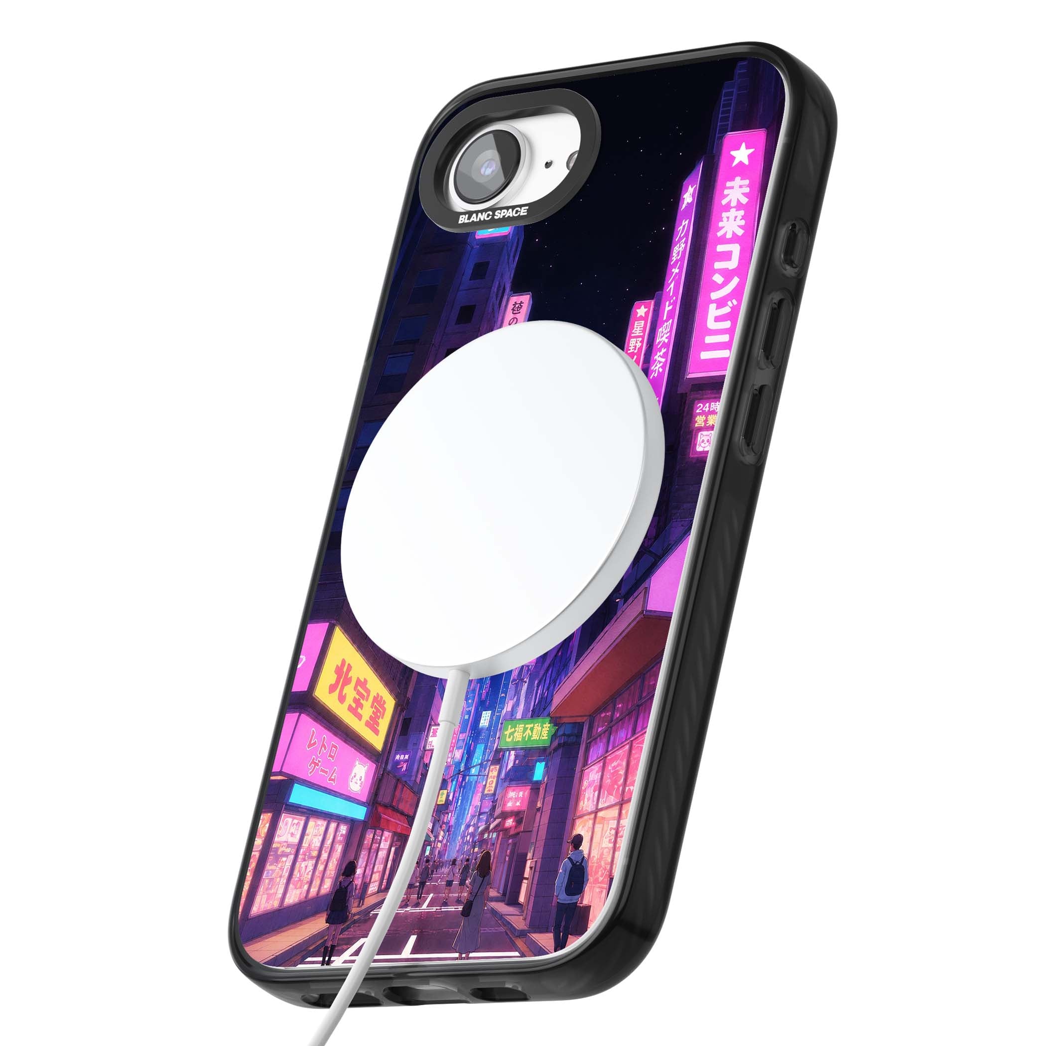 Shibuya At Night Japanese neon city iPhone case featuring glowing kanji signs, pink storefronts and a Tokyo street at n | Black Impact Magsafe case for iPhone 16e, iPhone 17e
