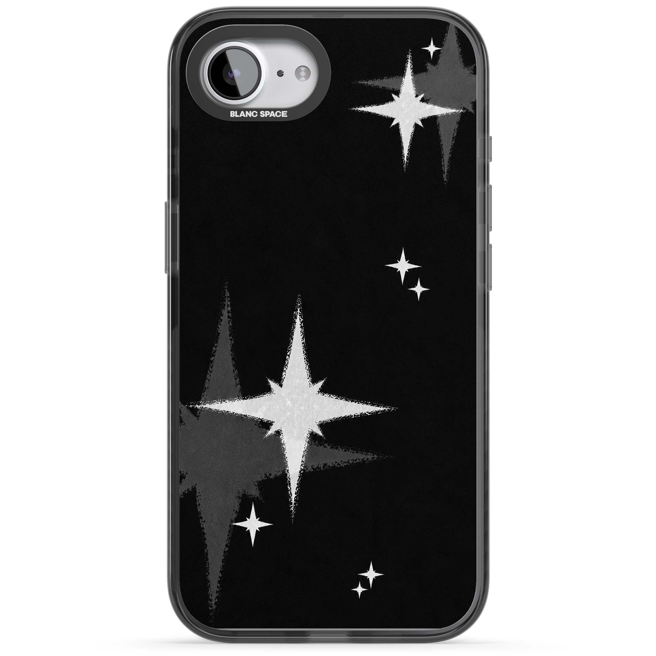 Black Sparkle celestial iPhone case featuring white sparkle stars on a black night sky background | Black Impact Magsafe case for iPhone 16e, iPhone 17e