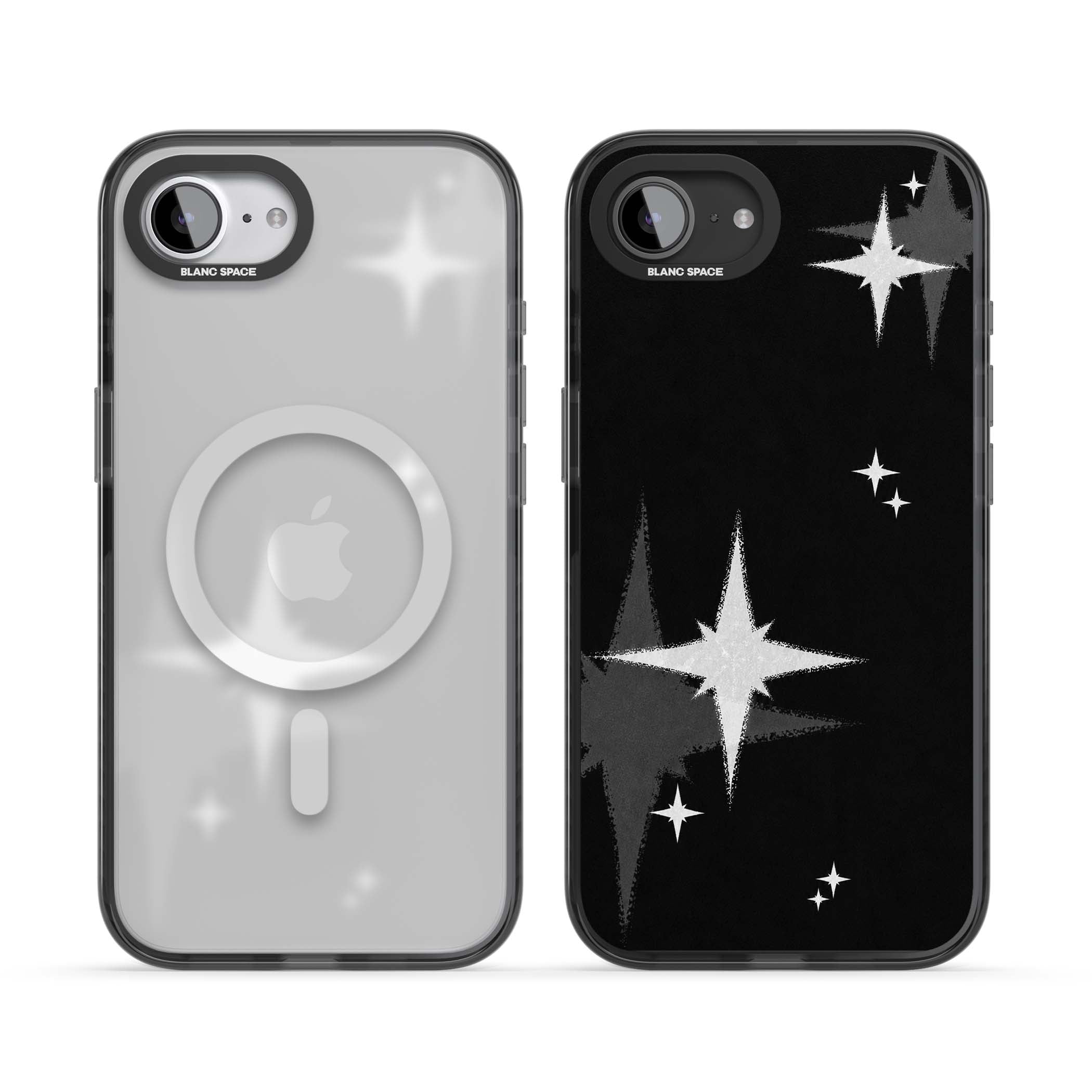 Black Sparkle celestial iPhone case featuring white sparkle stars on a black night sky background | Black Impact Magsafe case for iPhone 16e, iPhone 17e