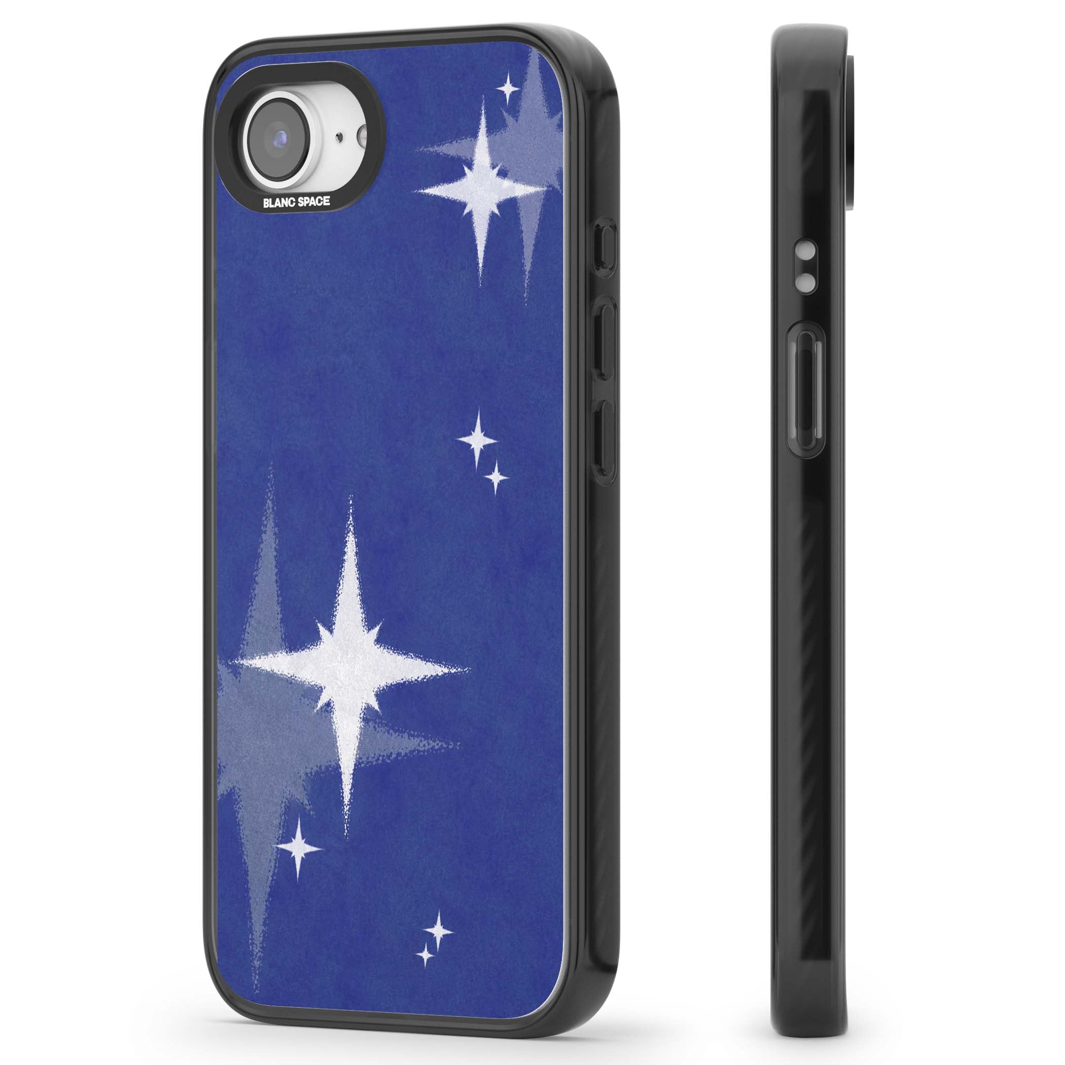 Blue Sparkle celestial iPhone case featuring sparkling silver stars on a deep blue painterly night sky | Black Impact Magsafe case for iPhone 16e, iPhone 17e