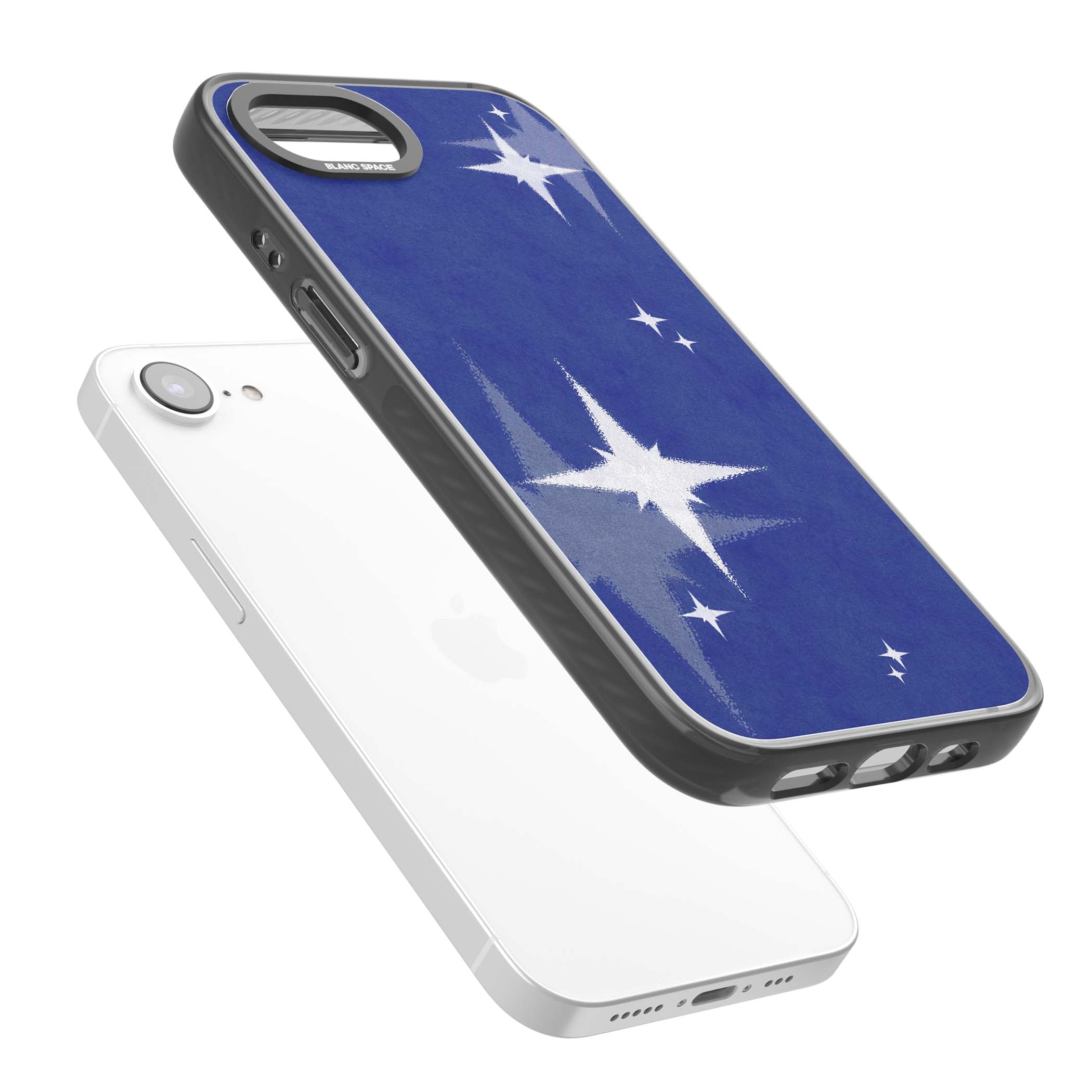 Blue Sparkle celestial iPhone case featuring sparkling silver stars on a deep blue painterly night sky | Black Impact Magsafe case for iPhone 16e, iPhone 17e
