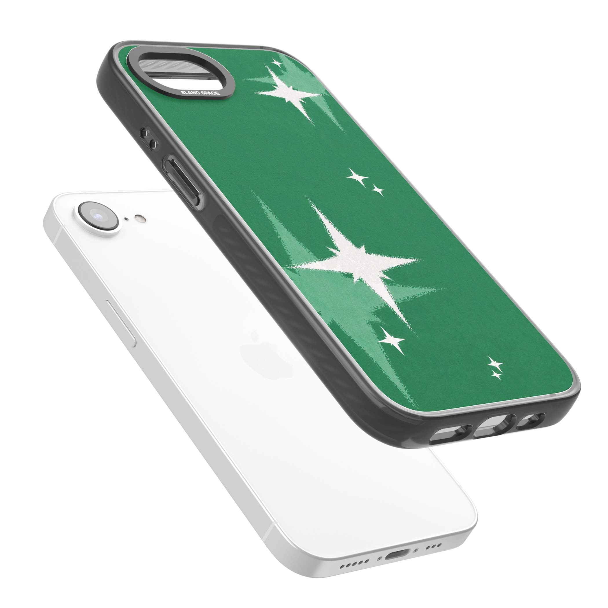 Green Sparkle celestial iPhone case featuring sparkling white four-point stars on a deep green background | Black Impact Magsafe case for iPhone 16e, iPhone 17e