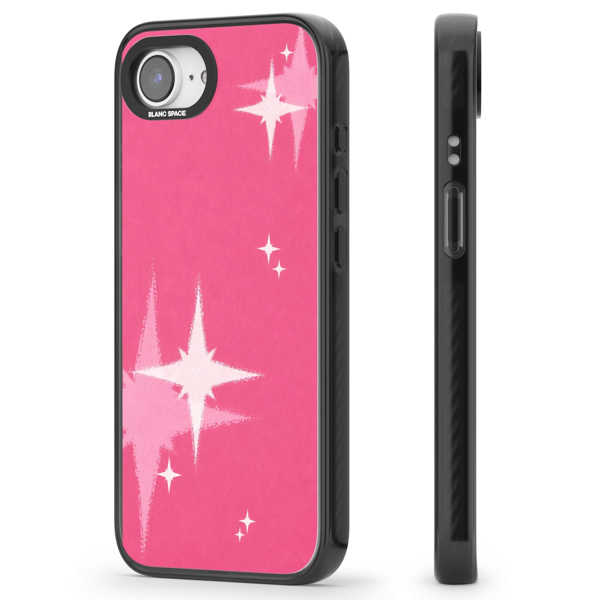 Pink Sparkle Y2K iPhone case featuring hot pink background with shimmering white starburst pattern | Black Impact Magsafe case for iPhone 16e, iPhone 17e