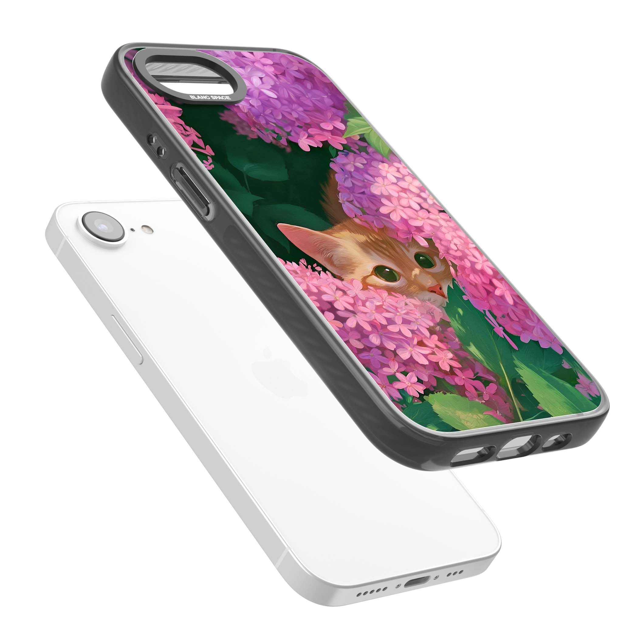 Cat In Pink Flowers cottagecore iPhone case featuring a ginger kitten peeking through lilac and pink hydrangea flo | Black Impact Magsafe case for iPhone 16e, iPhone 17e