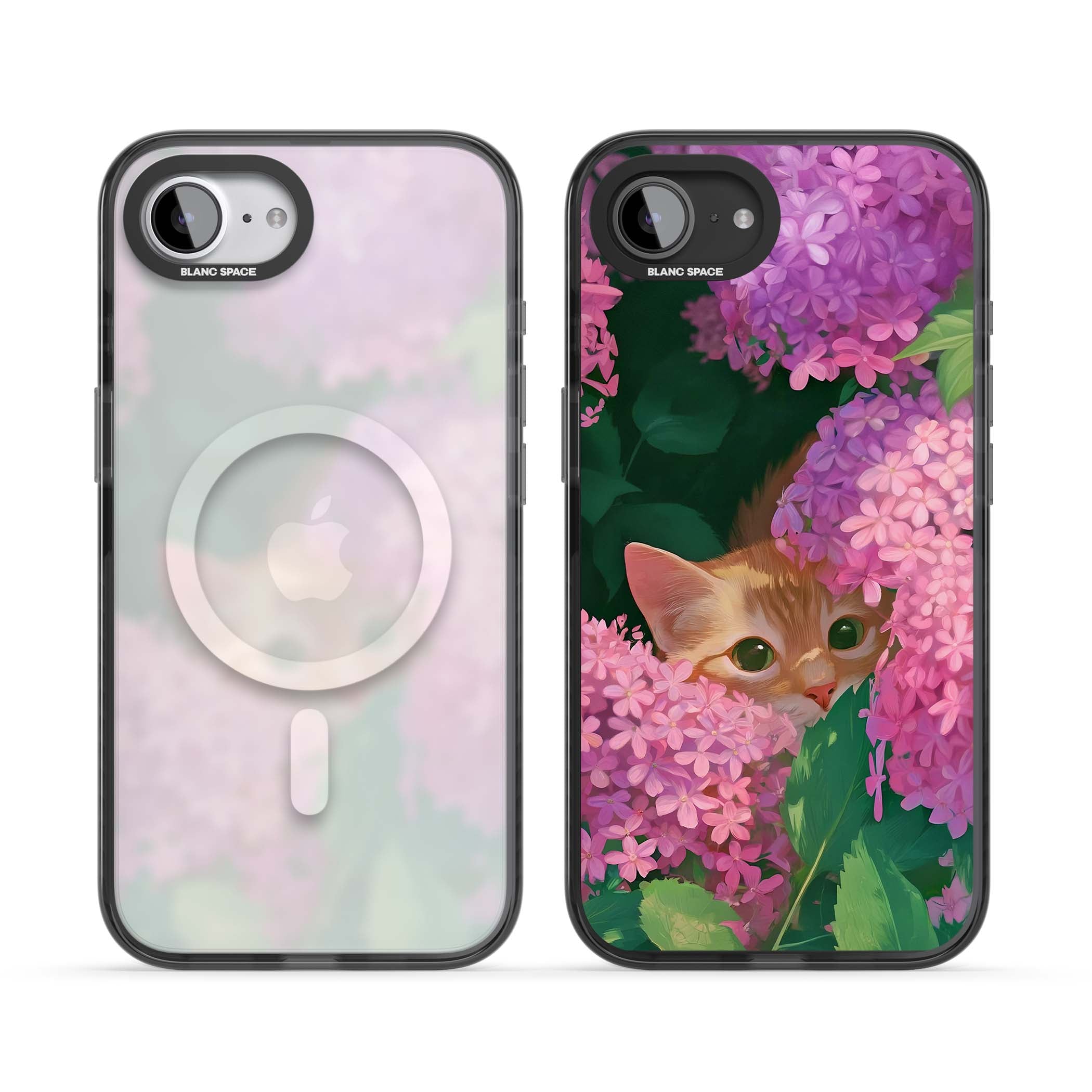 Cat In Pink Flowers cottagecore iPhone case featuring a ginger kitten peeking through lilac and pink hydrangea flo | Black Impact Magsafe case for iPhone 16e, iPhone 17e