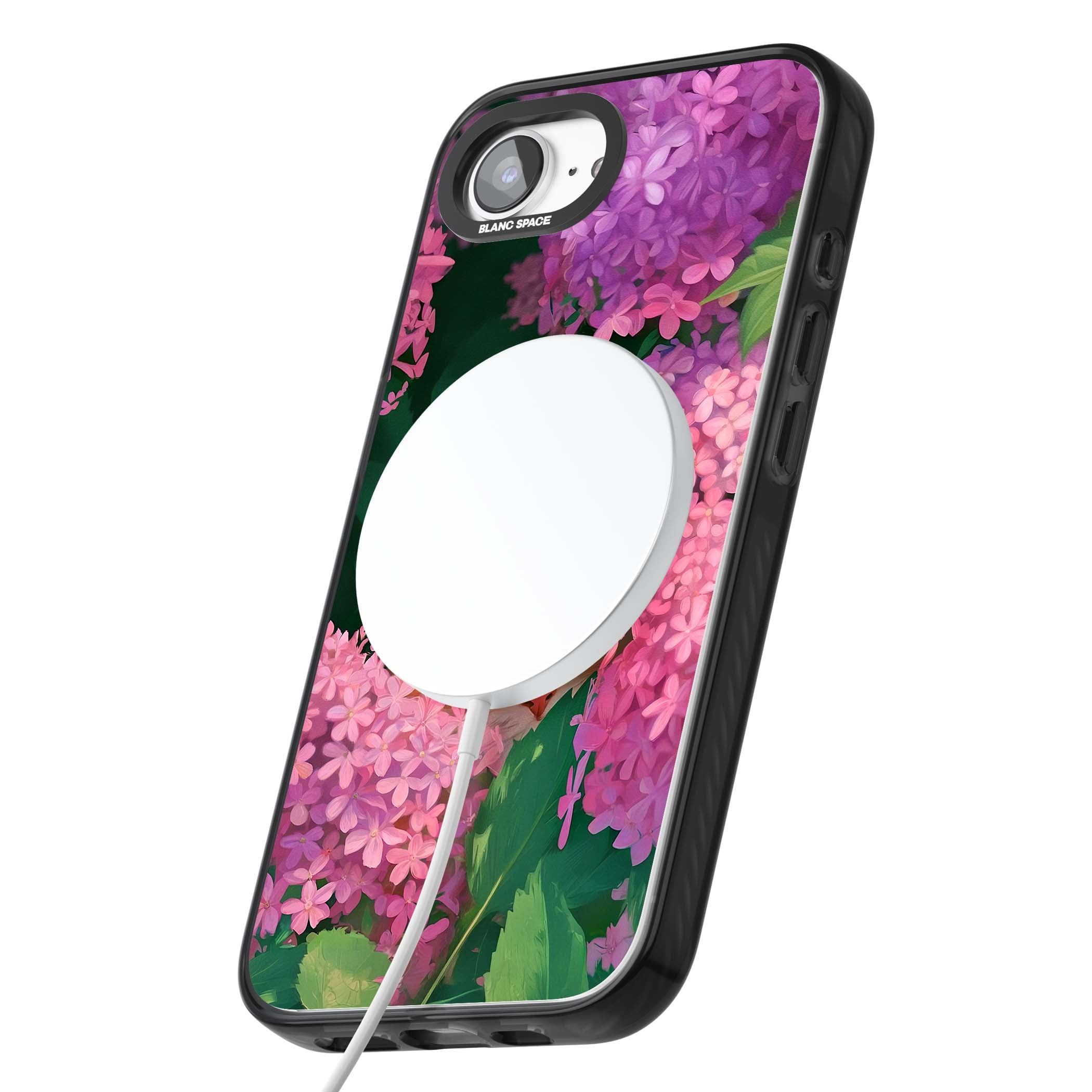 Cat In Pink Flowers cottagecore iPhone case featuring a ginger kitten peeking through lilac and pink hydrangea flo | Black Impact Magsafe case for iPhone 16e, iPhone 17e