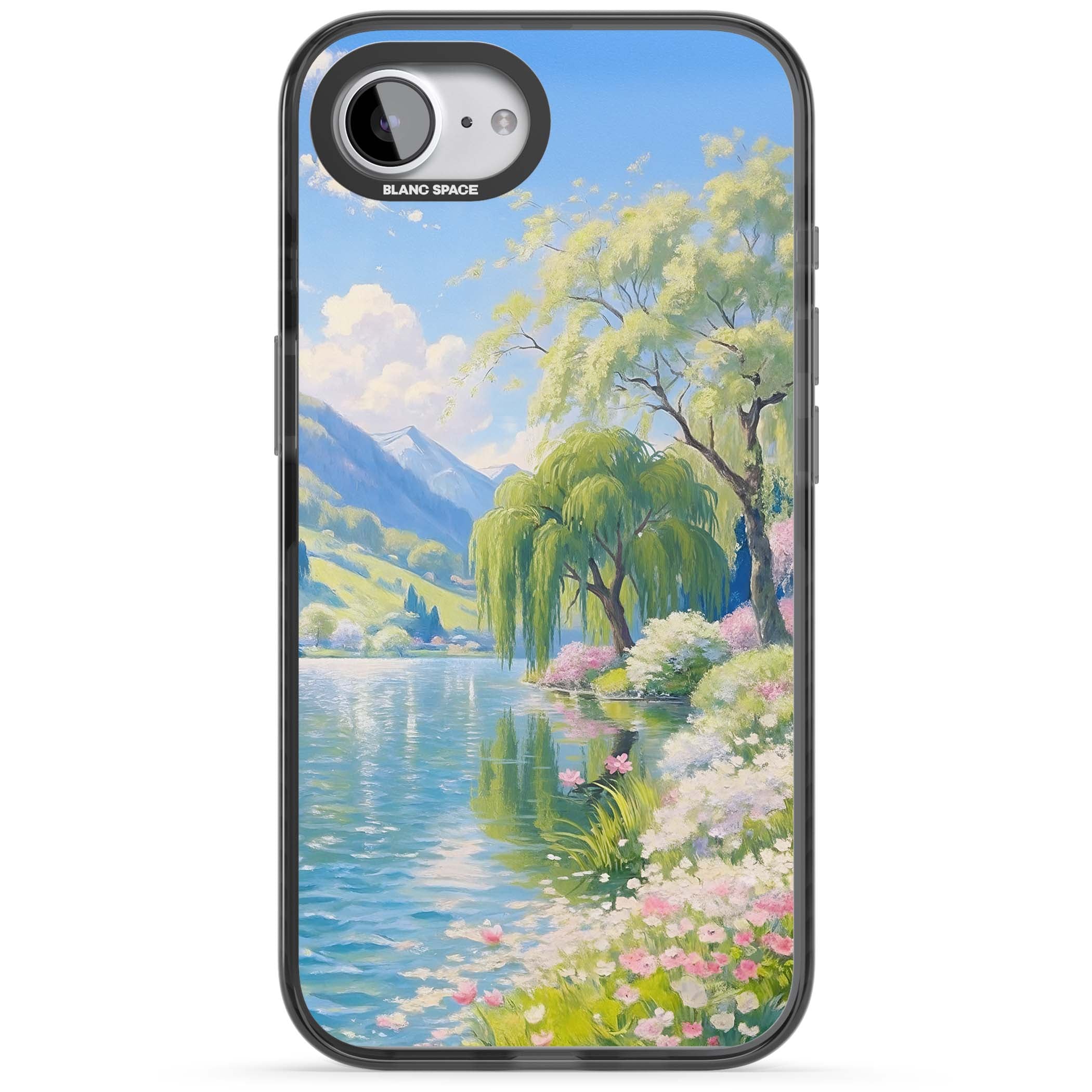 Willow Lake cottagecore iPhone case featuring a painted lakeside with weeping willow, blossoms and distant mountains | Black Impact Magsafe case for iPhone 16e, iPhone 17e