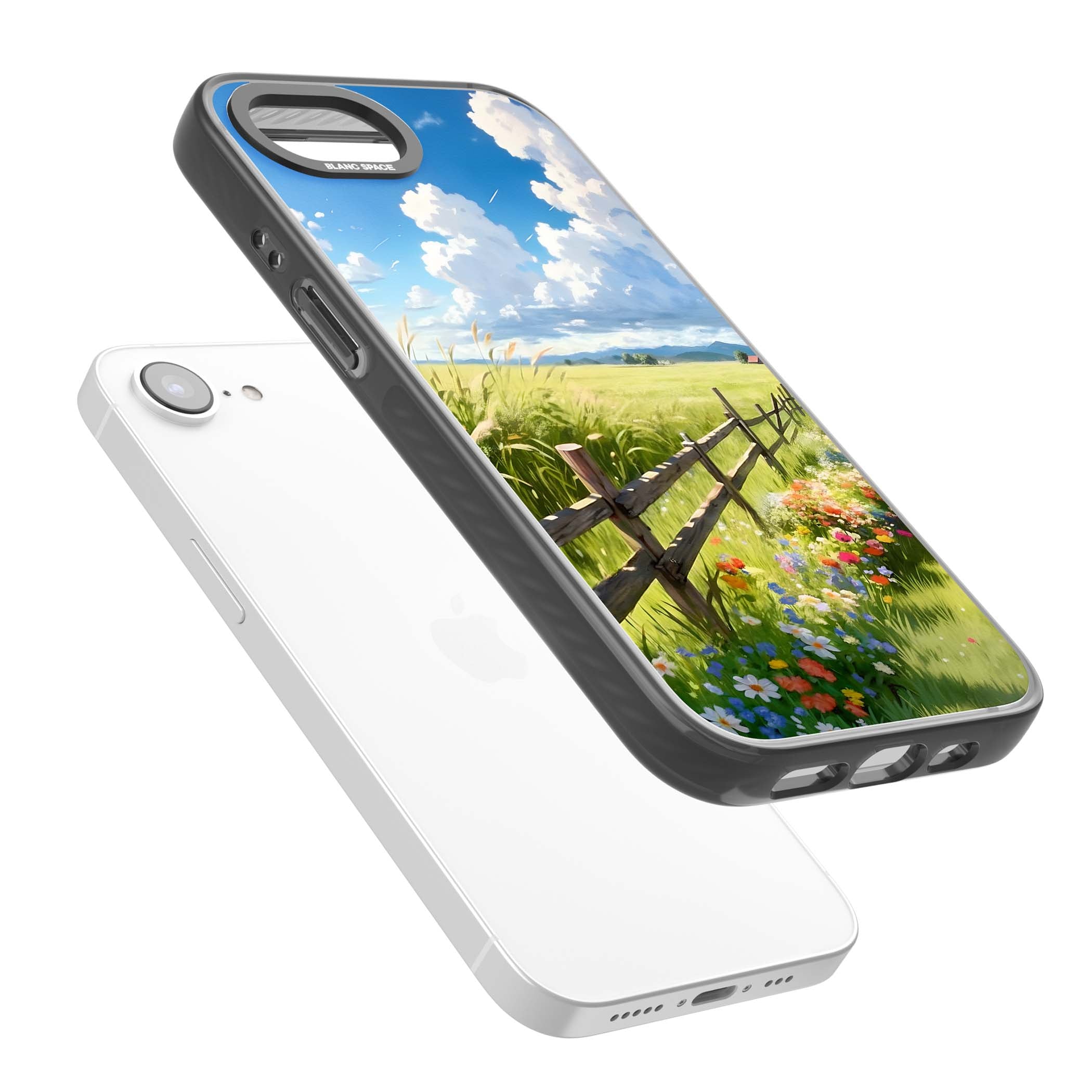 A Countryside Afternoon cottagecore iPhone case featuring a painted countryside meadow, wooden fence, and wildflowers beneath | Black Impact Magsafe case for iPhone 16e, iPhone 17e