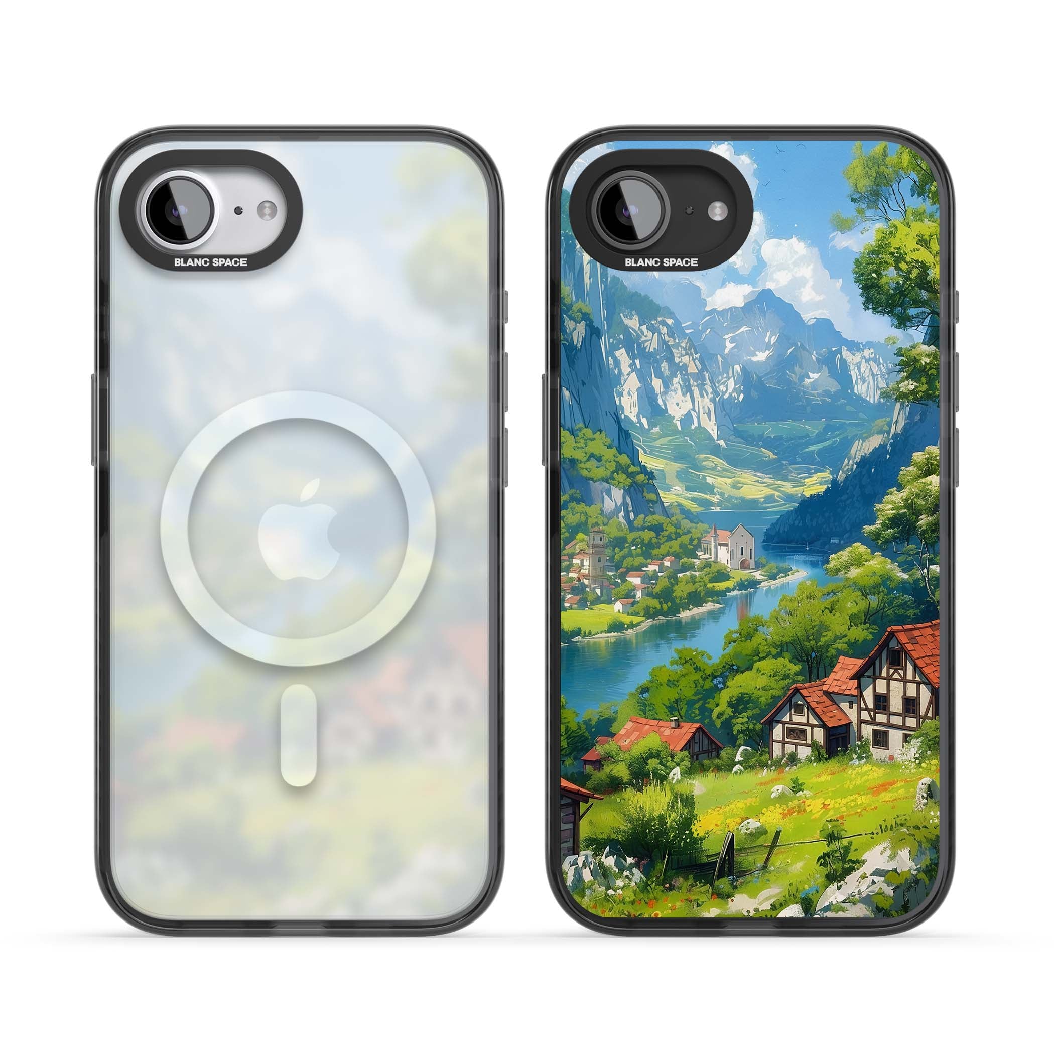 Village In The Valley anime iPhone case featuring a painted mountain village, river valley and half-timbered cottages. | Black Impact Magsafe case for iPhone 16e, iPhone 17e