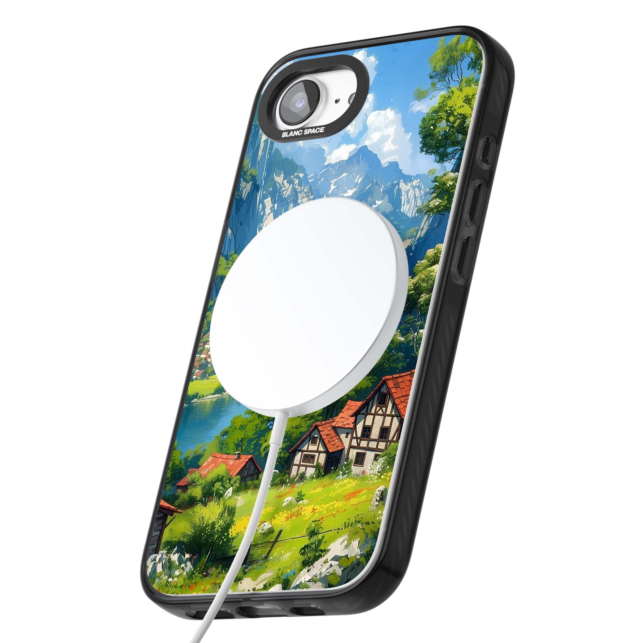 Village In The Valley anime iPhone case featuring a painted mountain village, river valley and half-timbered cottages. | Black Impact Magsafe case for iPhone 16e, iPhone 17e