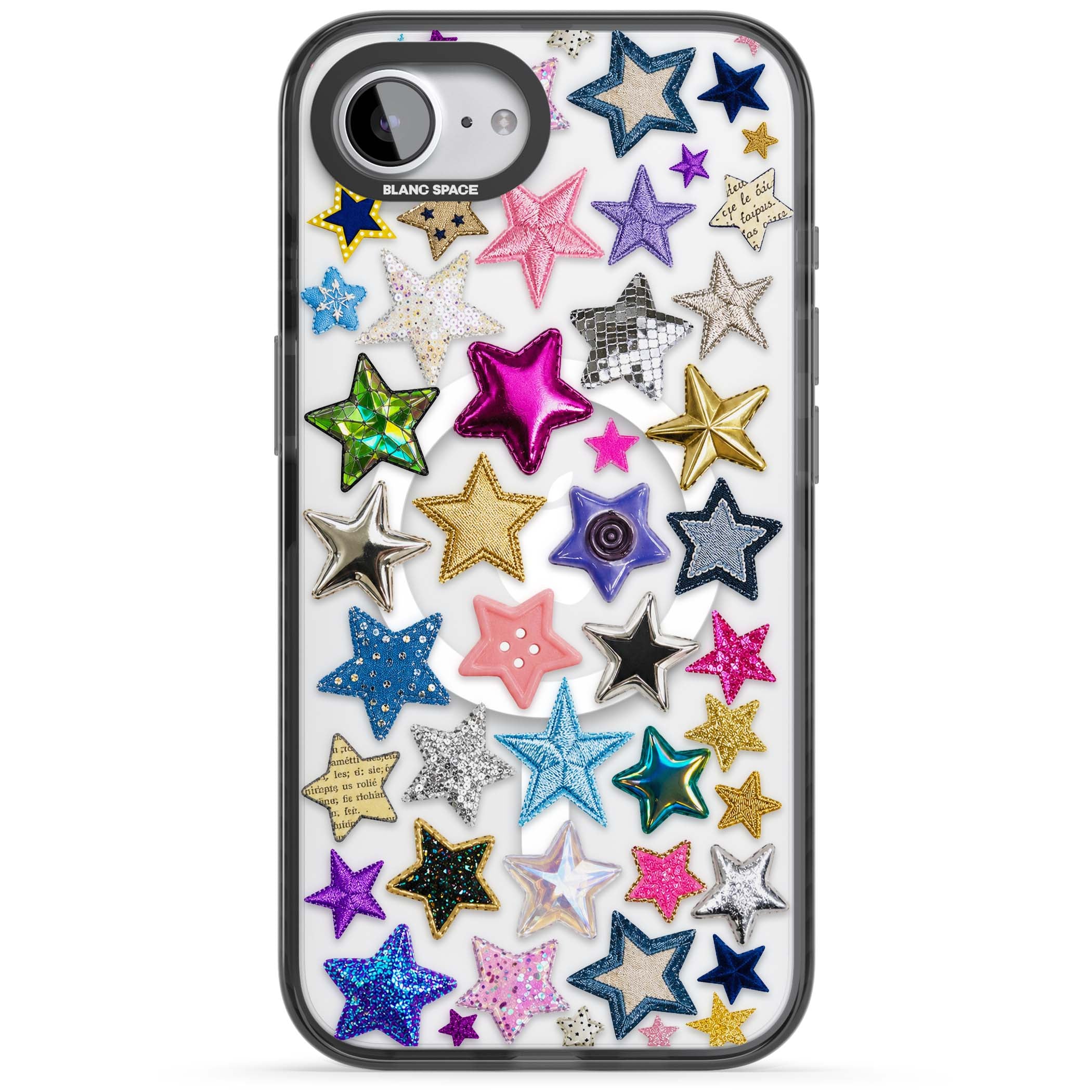 Crafty Star Mix Y2K iPhone case featuring embroidered, sequinned and glitter star patches in rainbow colours | Black Impact Magsafe case for iPhone 16e, iPhone 17e