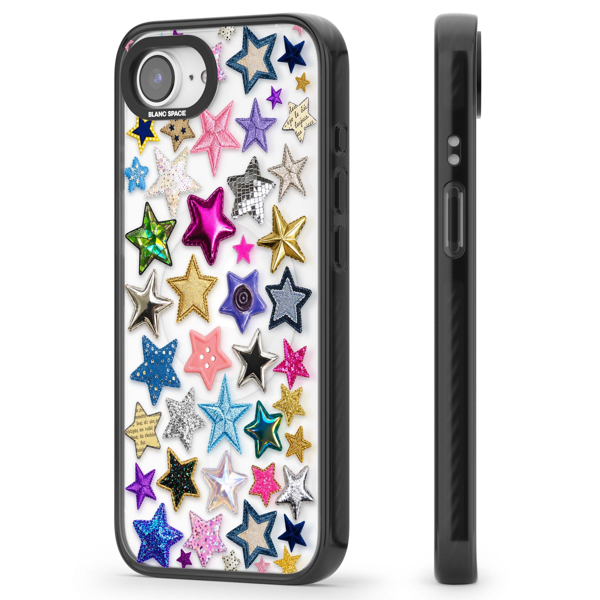 Crafty Star Mix Y2K iPhone case featuring embroidered, sequinned and glitter star patches in rainbow colours | Black Impact Magsafe case for iPhone 16e, iPhone 17e